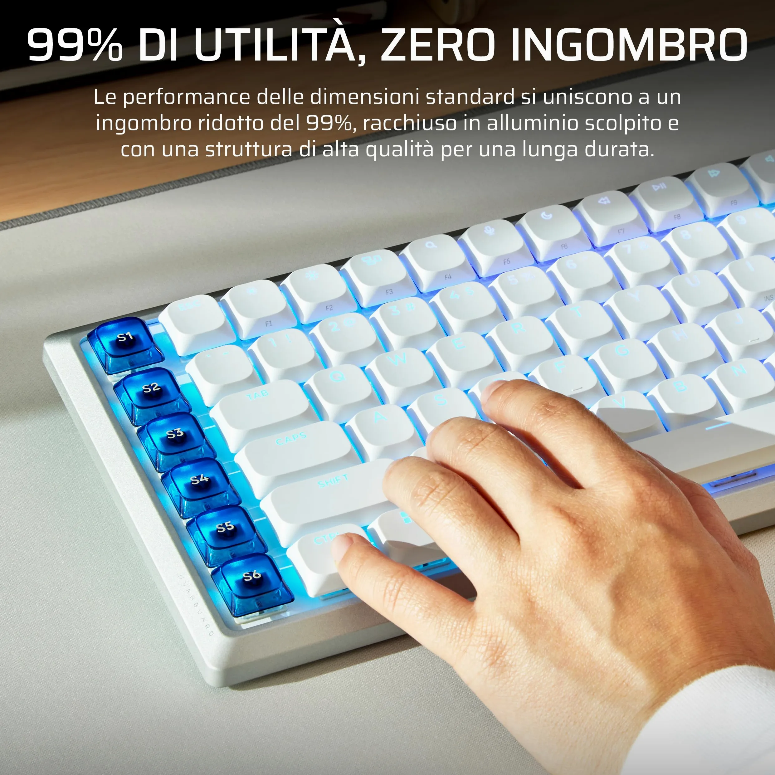 Corsair VANGUARD AIR 99 WIRELESS Tastiera Da Gioco a Basso Profilo – Bianco | Ottico-Meccanica RGB, QWERTY IT, Layout al 99%, Interruttori OPX, Polling 8000 Hz, Integrazione Stream Deck, Flashtap SOCD