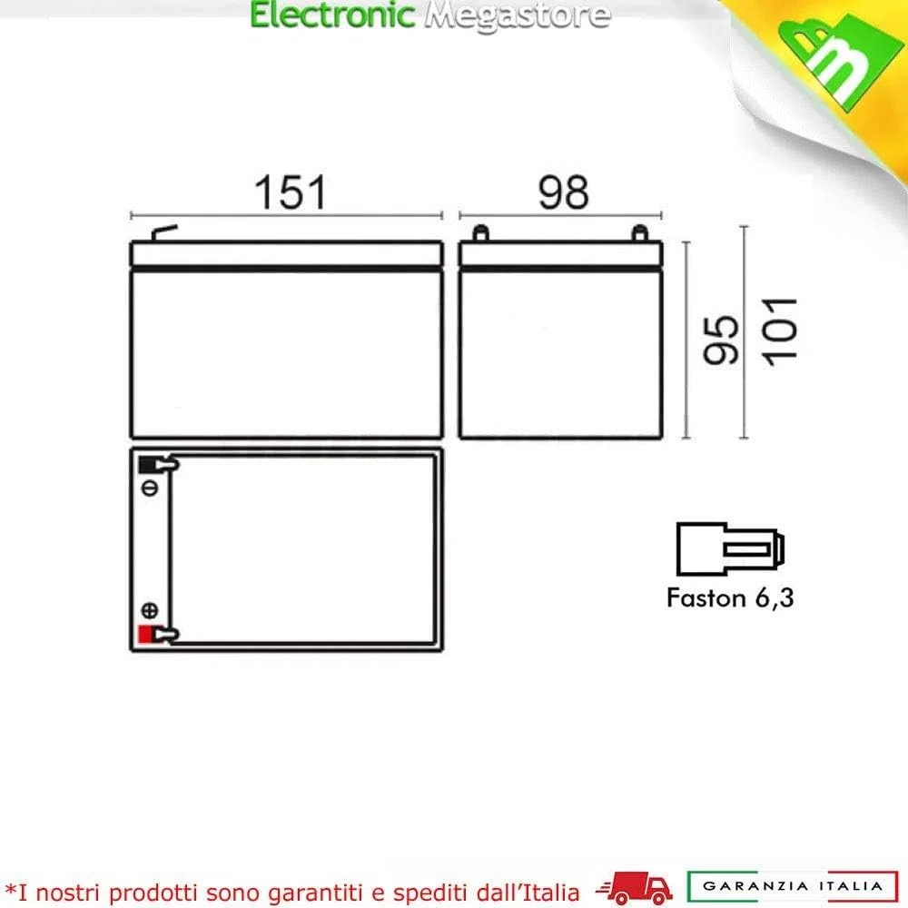Batteria Ricaricabile al Piombo 12V 12Ah Adatta per ups allarmi Solare, trazione elettrica monopattini Bici Max 250W