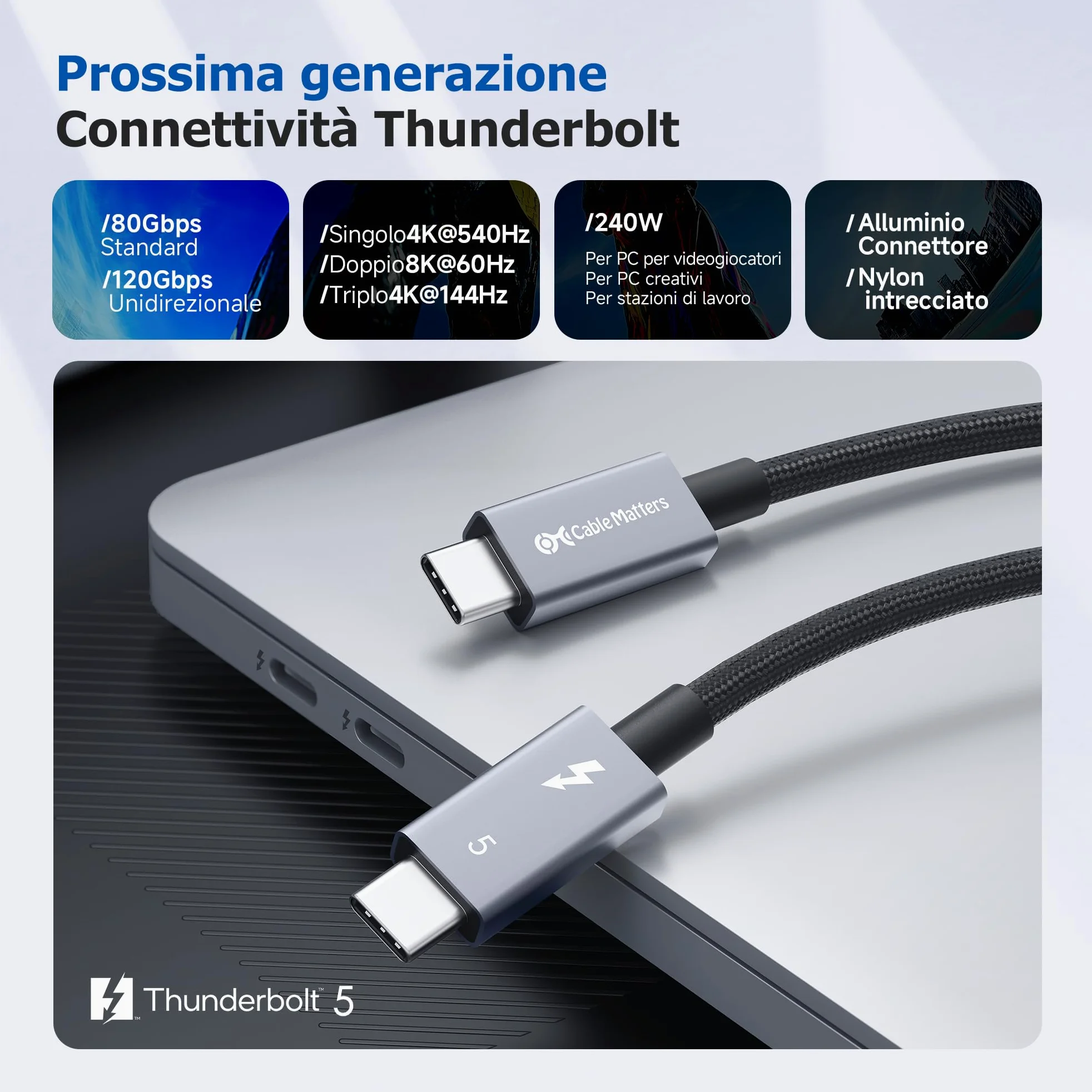 Cable Matters [Certificato Intel] Cavo Thunderbolt 5 intrecciato da 80 Gbps con aumento della larghezza di banda fino a 120 Gbps e ricarica da 240W - 1m, compatibile con Thunderbolt 4/3, USB4 e USB-C
