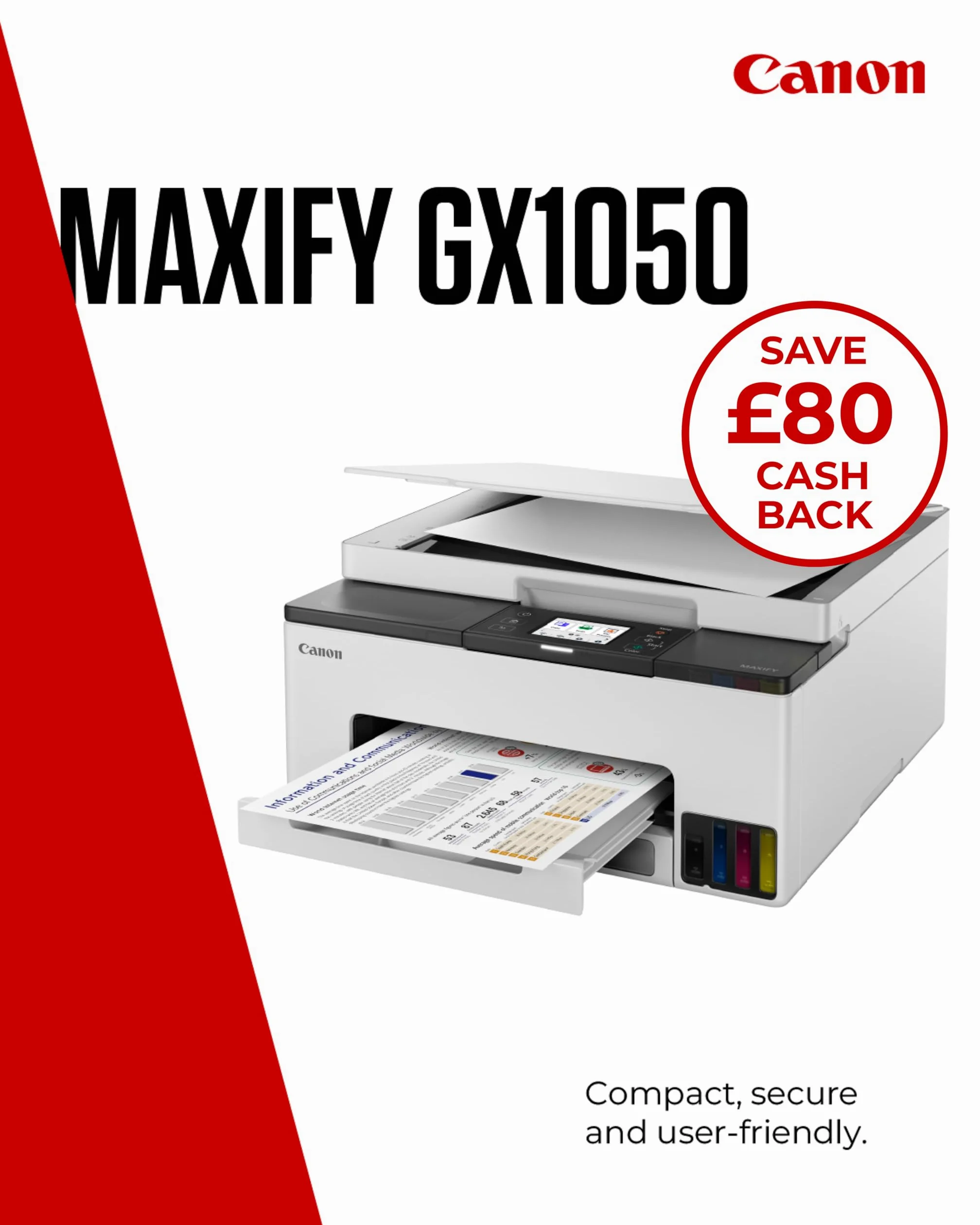 Canon MAXIFY GX1050 Ad inchiostro A4 600 x 1200 DPI Wi-Fi (Wi-Fi, print, scan, copy and cloud 15ppm [mono], 10ppm [colour] 250 sheet cassette Refillable ink tank USB, dual band wi-fi and ethernet)