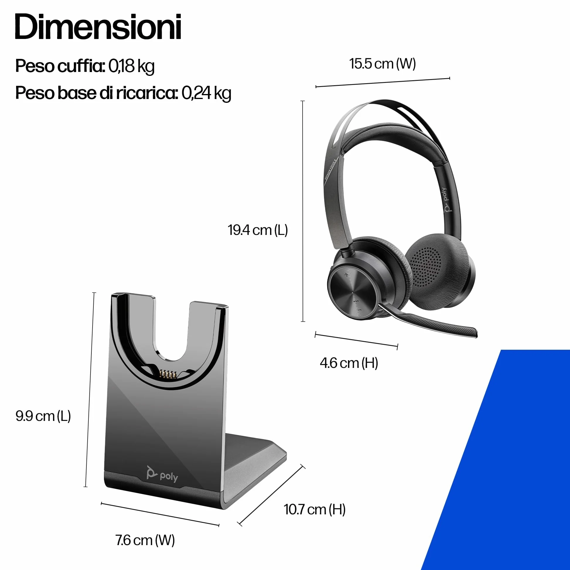 Poly Voyager Focus 2 USB-C-C Headset con adattatore USB-C/A e supporto di ricarica A58JDAA, cancellazione attiva del rumore e microfono con Acoustic Fence
