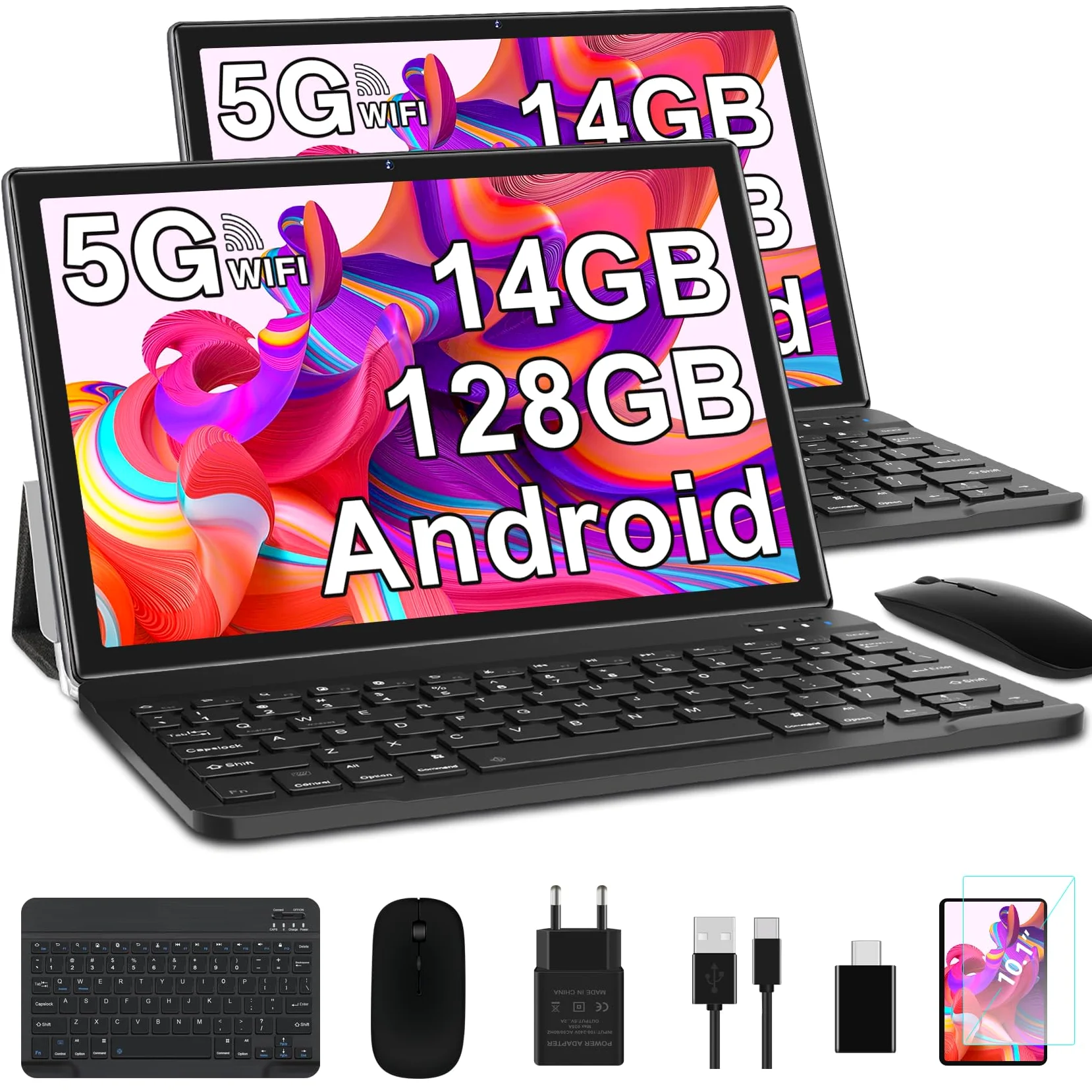 Tablet Android da 10 pollici con 14 GB RAM + 128 GB ROM (2 TB TF), 5 G/2.4 G WiFi, Quad-Core, GPS, Bluetooth 5.0, 8 MP + 5 MP, tipo C, tablet touch con custodia, tastiera e mouse, colore: Nero