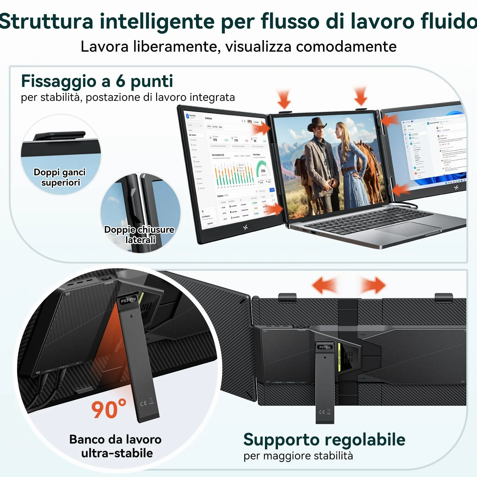 PX5 Pro Triplo Monitor Portatile per Laptop 14" FHD IPS 300 nit, Schermo Esterno USB-C Plug & Play Senza Magneti, Secondo Schermo per Smart Working, Viaggio e Ufficio