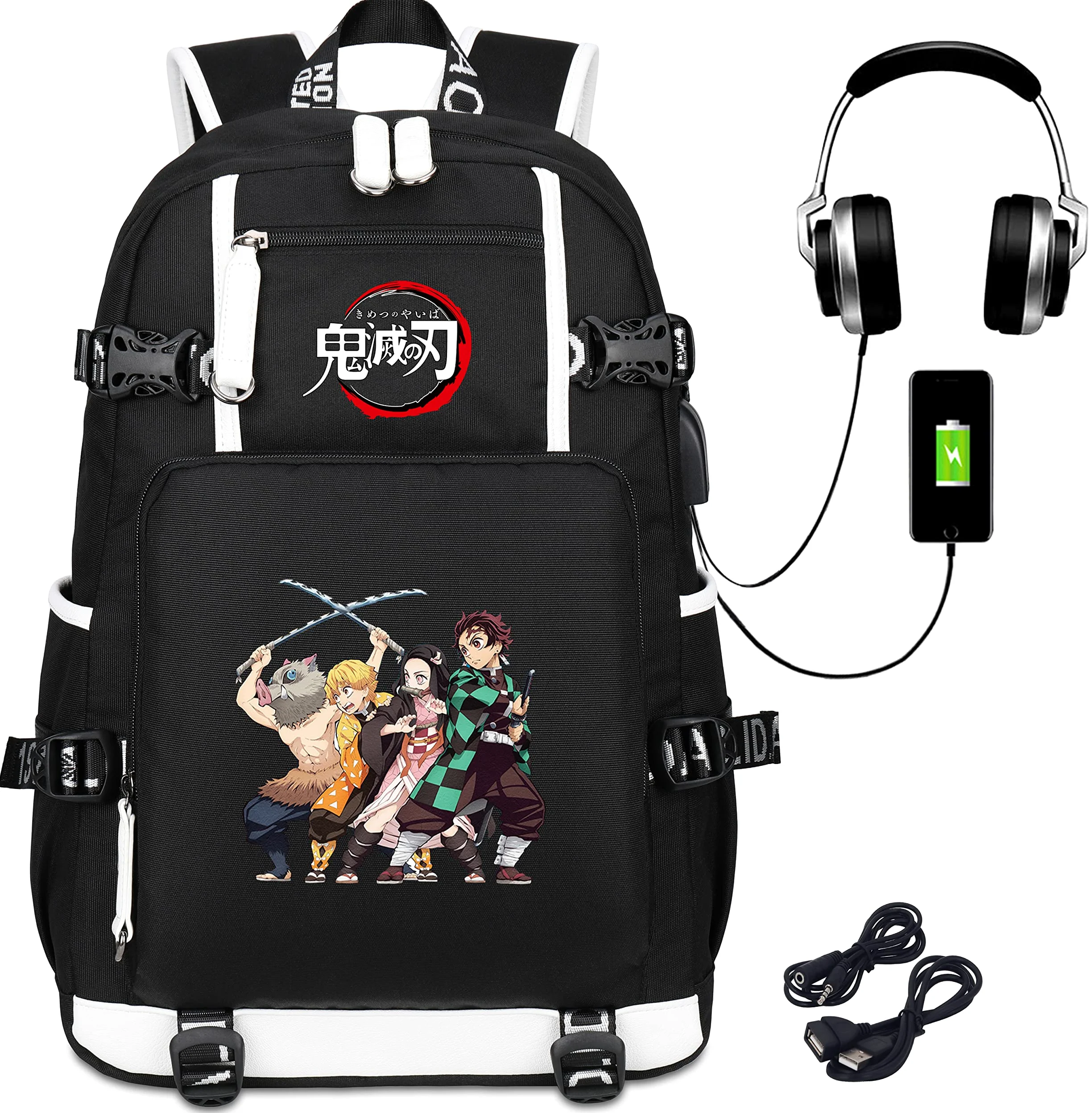 Roffatide Anime Demon Slayer Zaino per laptop stampato con porta di ricarica USB e porta per cuffie