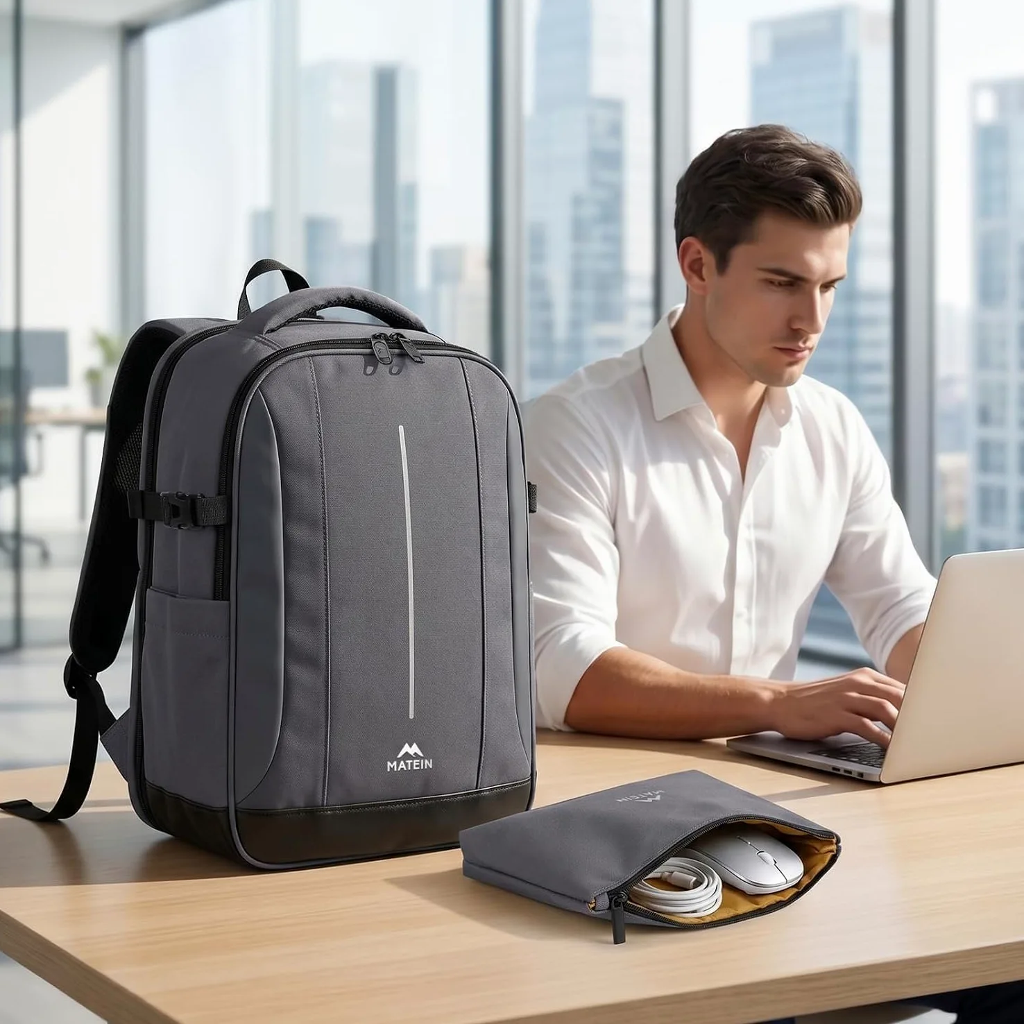 MATEIN Zaino Porta PC 15,6 Pollici, Zaino Lavoro Uomo per Laptop Notebook | Zaino PC Portatili con Custodia Organizer, Zaino Antifurto da Viaggio 40x30x16cm, per Ufficio, Viaggio e Università, Grigio