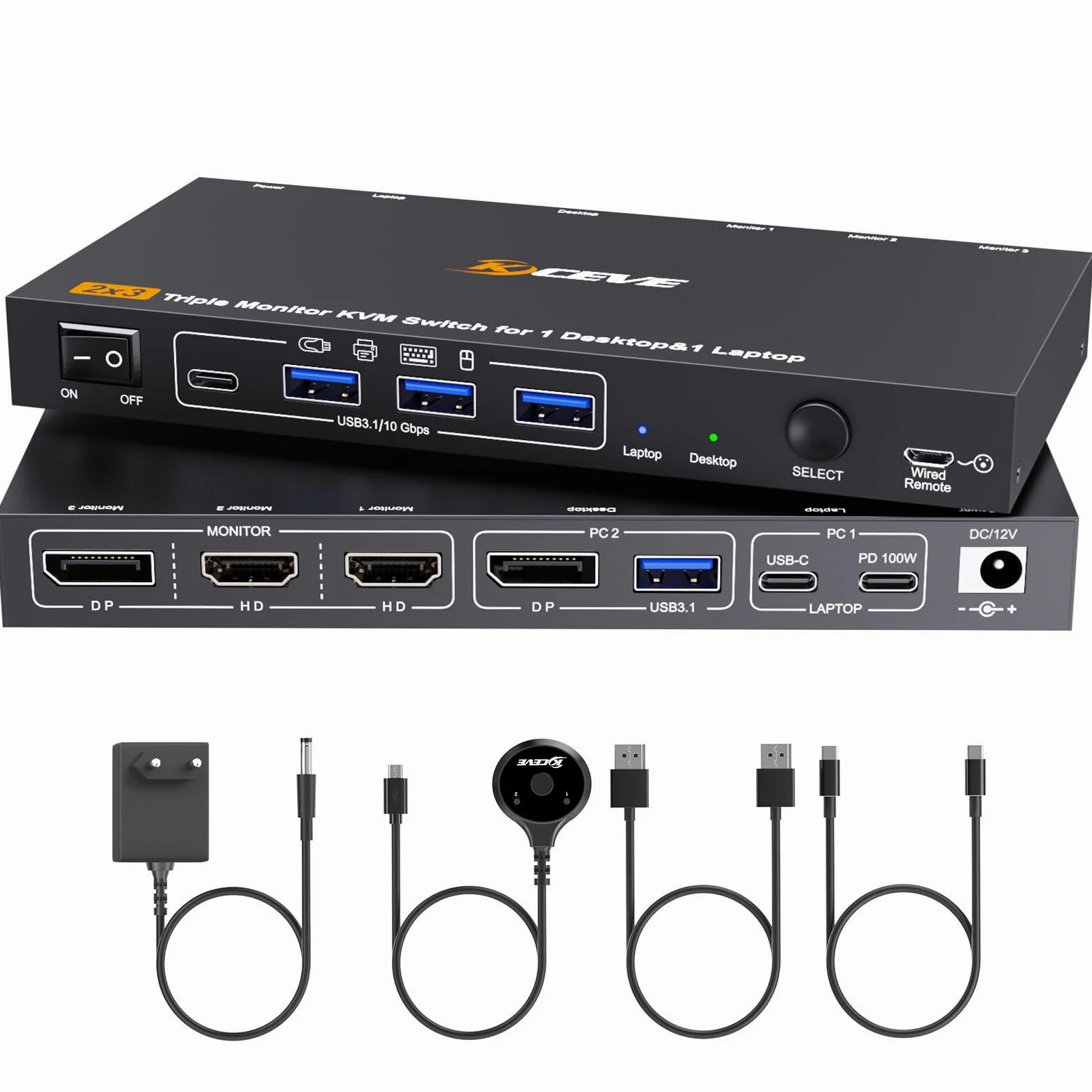 Triple Monitor KVM Switch per 1 Laptop 1 Desktop, USB 3.1 KVM Switch 2 PC 3 Monitor USB C HDMI DP Condividono 4 USB ports, 100W PD, 4K@60Hz, MST, Wired Remote(4K USBC DP HD 2 in 3 out)