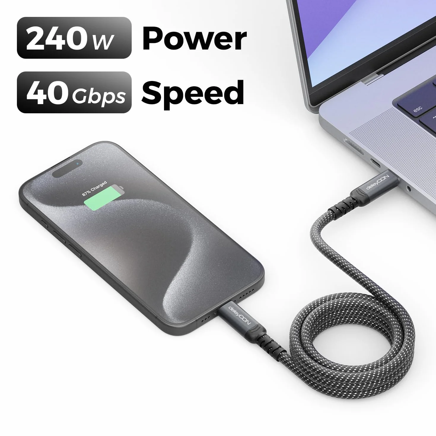 deleyCON 2m Cavo USB-C 40 Gbps 240W USB 4.0 Cavo di Ricarica e Dati, DP Alt Mode, 8K@60Hz per Notebook, MacBook, Monitor, SSD, iPad, iPhone 17 16 Air Max Pro, Galaxy S25 ecc.