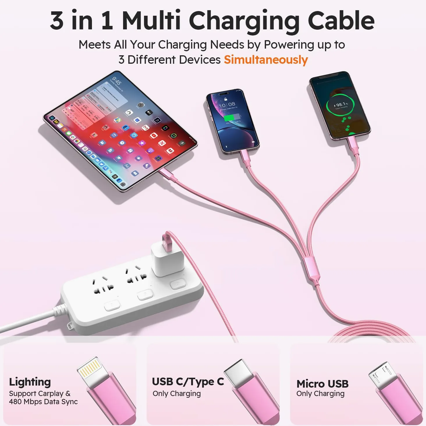 Cavo di ricarica USB 3 in 1, nylon intrecciato da 1,2 m, rosa e oro, confezione da 2
