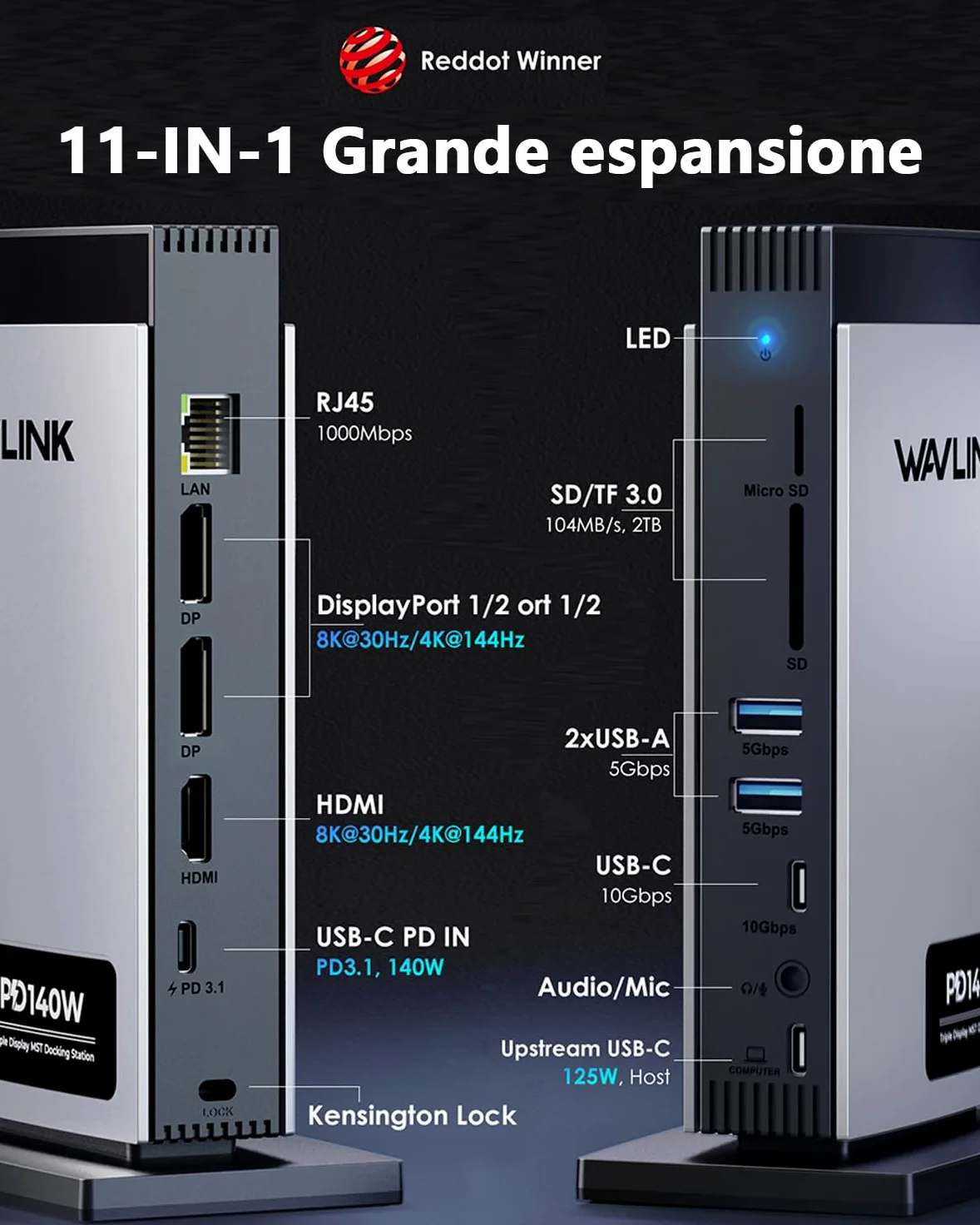 WAVLINK Laptop Docking Station Triplo display (Single 8K@30Hz/4K@144Hz), USB C Dock 125W PD3.1 Pass-Through, 2*DP, HDMI, Ethernet, SD/TF, per Windows