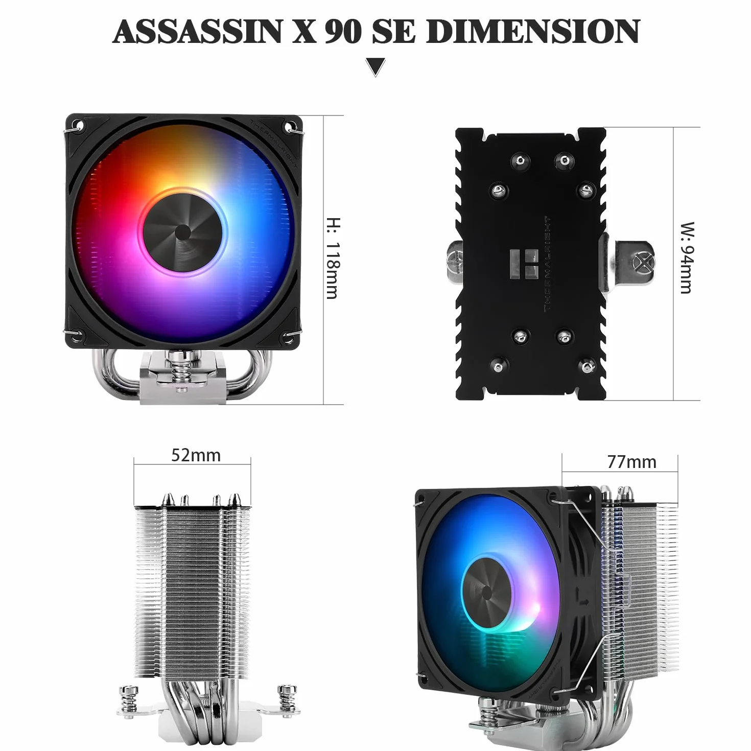 Thermalright Assassin X 90 SE ARGB - Raffreddatore CPU, 4 Heatpipes, TL-P9-S PWM ARGB, dissipatore di calore per computer, tecnologia AGHP 4.0, per AMD AM4 AM5/Intel LGA 1150/1151/1200/1700 (AX90 SE