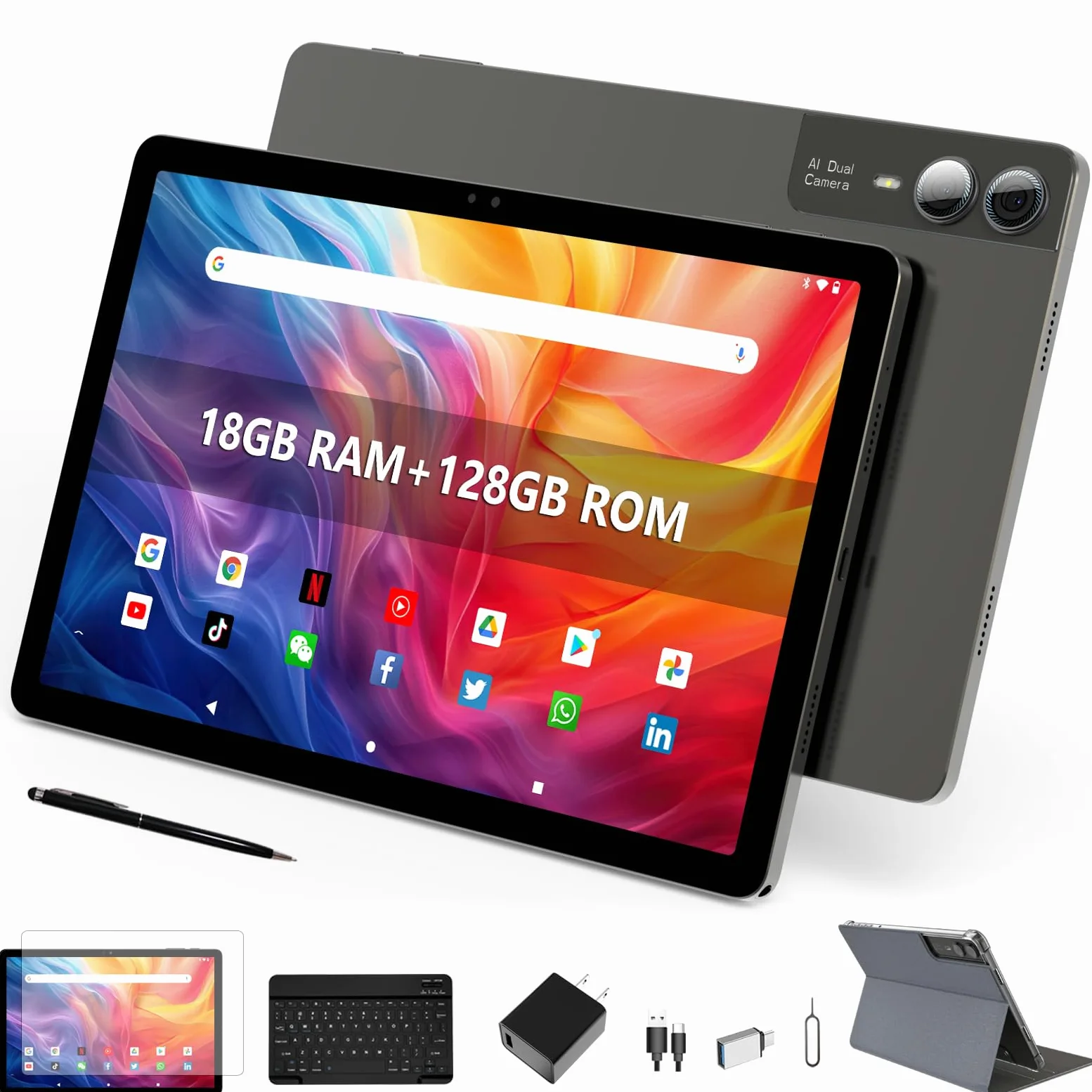 Tablet da 11 pollici Android 14 2000*1200 2K Display Tablet PC, T616 Octa-Core 2.0GHz, 18GB RAM 128GB ROM 1TB espandibile, fotocamera AI 5+5+13MP, 9000mAh, 5G WiFi, con tastiera, custodia, 4