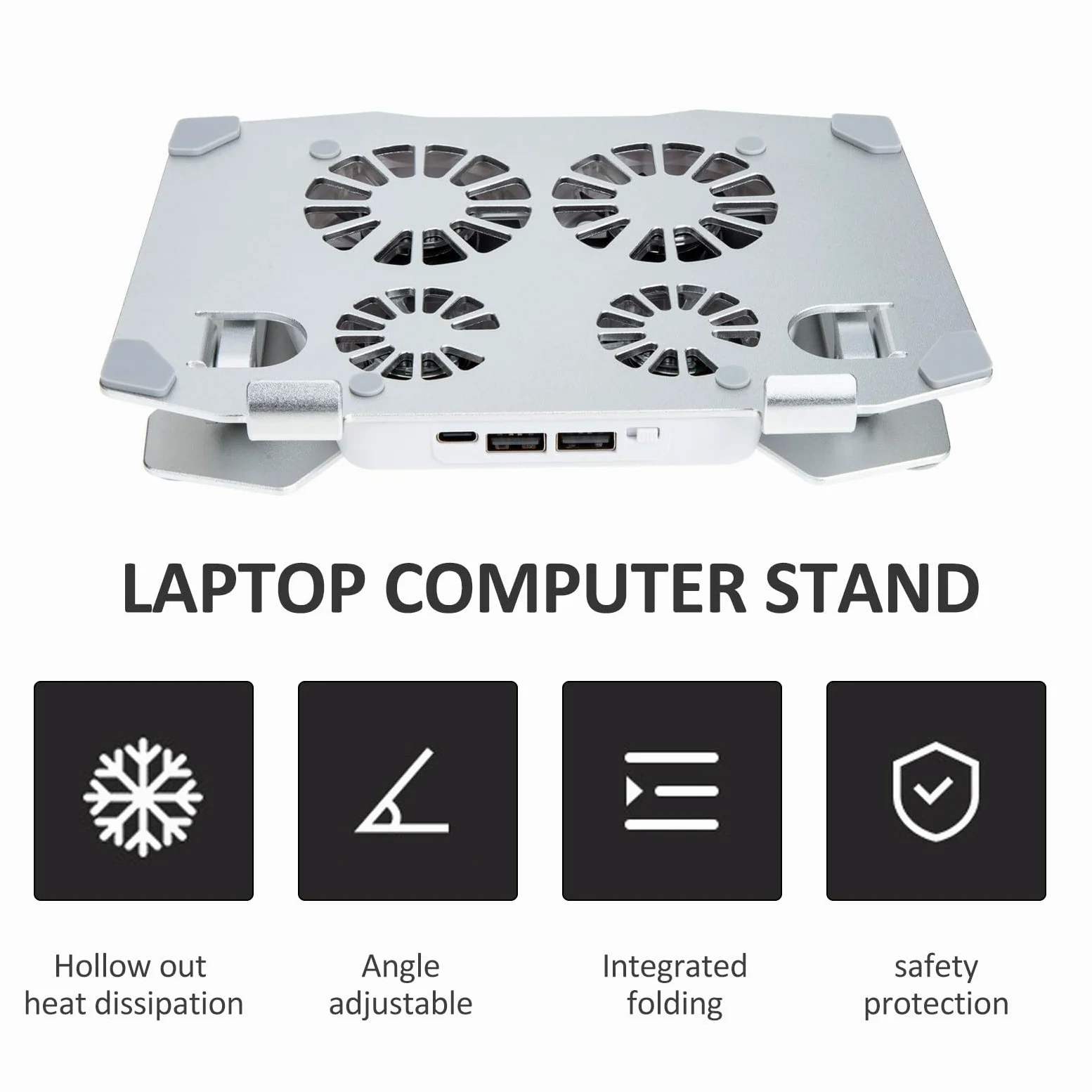 SHINEOFI Supporto per Laptop Regolabile in Altezza e Angolo 4 Ventole di Raffreddamento Silenziose, Struttura in Metallo Argento per Ufficio e Casa