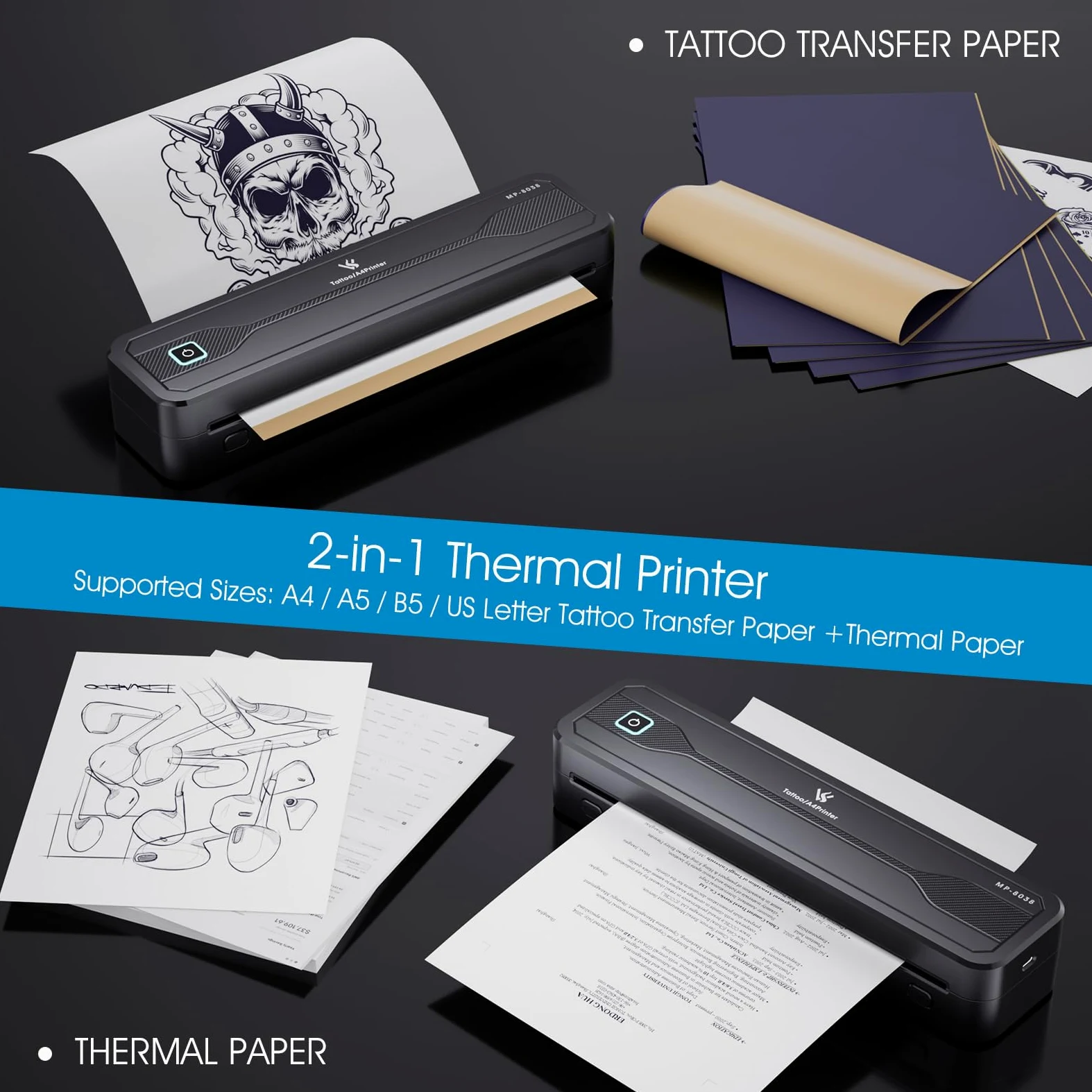 TATELF Stampante Stencil Tatuaggi Wireless A4 Termica Bluetooth | Batteria 2600mAh, 10 Fogli Carta Trasferibile, Compatibile iOS Android Win Mac, Senza Inchiostro Linee Precise per Tatuatori