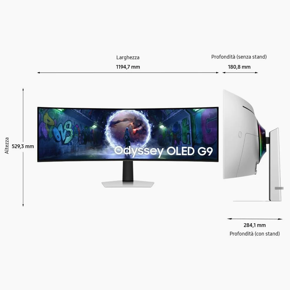 Samsung Monitor Gaming Odyssey OLED G9 (S49DG934), Curvo (1800R), 49'', 5120x1440 (DQHD), 32:9, HDR10+, QD-OLED Glare Free, 240Hz, 0,03ms (GtG), Compatibilità G-Sync, HDMI, Micro HDMI, DP