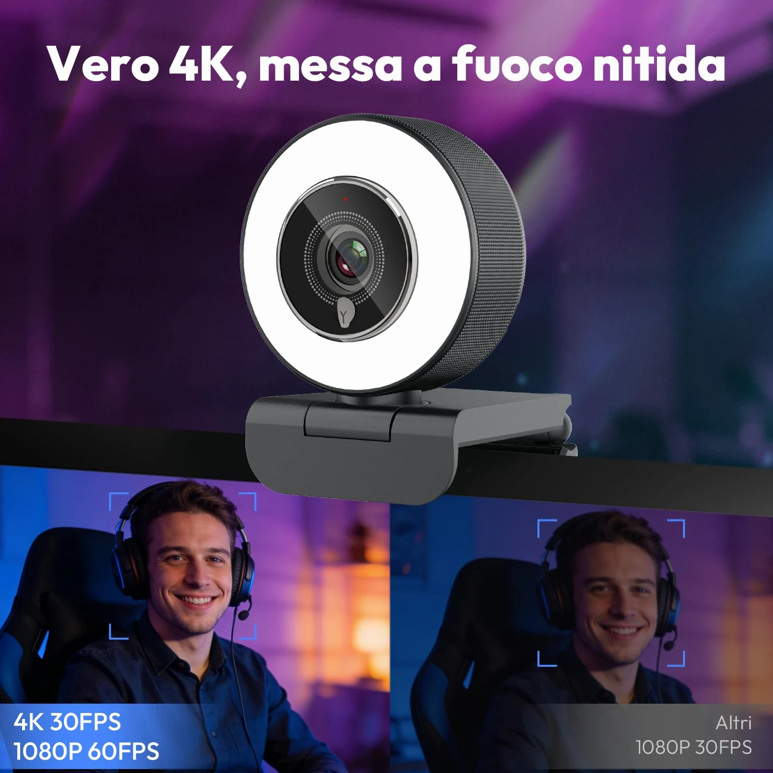 Angetube Webcam 4K con Luce per PC: Luminosità a 3 Livelli, Messa a Fuoco PDAF, Doppio Microfono Noise Cancelling, Copertura Privacy, Streaming 1080P/60FPS, USB-A/C per Laptop/Mac/Teams