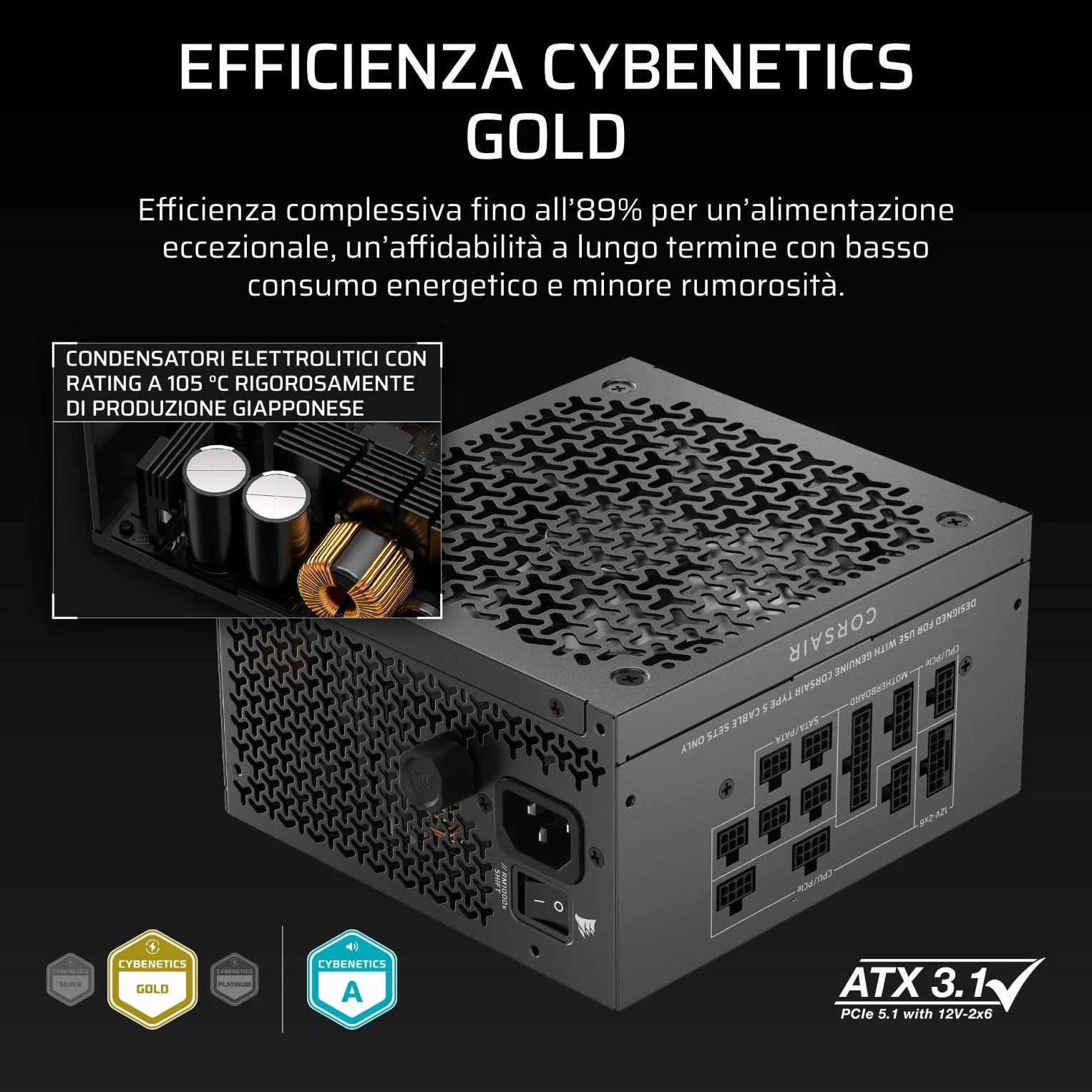 CORSAIR RM1000x SHIFT (2025) Alimentatore ATX Completamente Modulare - Interfaccia Laterale Modulare, Cavo Nativo 12V-2x6, ATX 3.1 e PCIe 5.1, Condensatori a 105°C, Cybenetics Gold - Nero