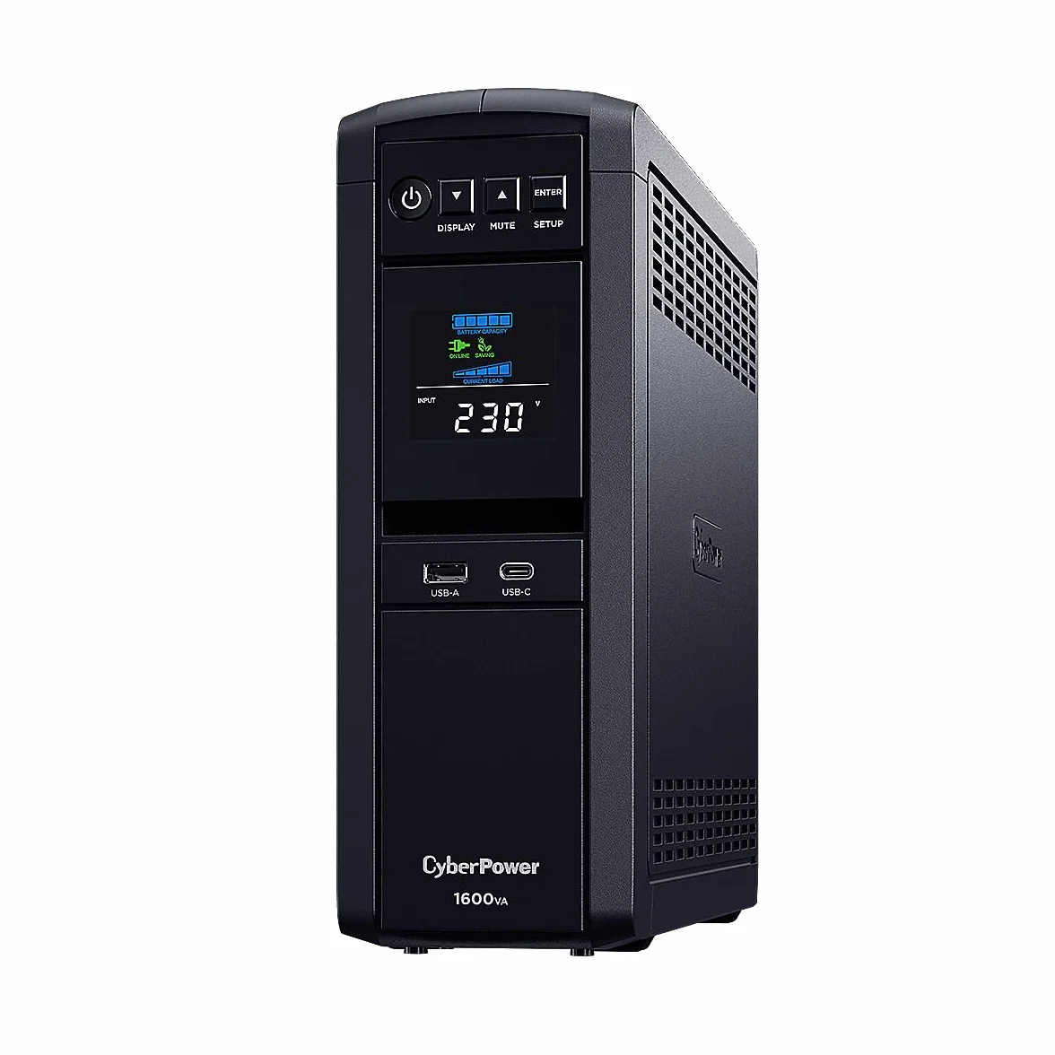 CyberPower CP1600EPFCLCD Line-Interactive UPS 1600VA/1000W Onda sinusoidale pura, AVR, LCD, USB (HID), DB9, RJ45 Lan Protection, 6x Schuko, porta per comunicazione di rete, caricatore USB A+C