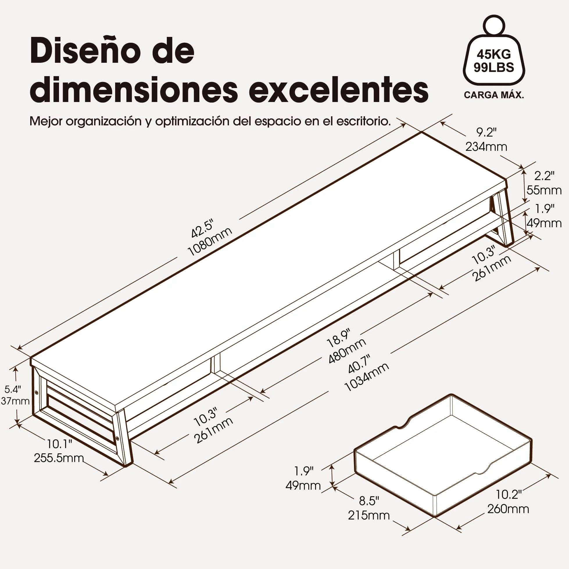 Fenge Supporto doppio per monitor con 2 cassetti in acrilico, 2 ripiani, 108 cm, per PC, laptop, fax, stampante, TV, portata 45 kg (rovere scuro)