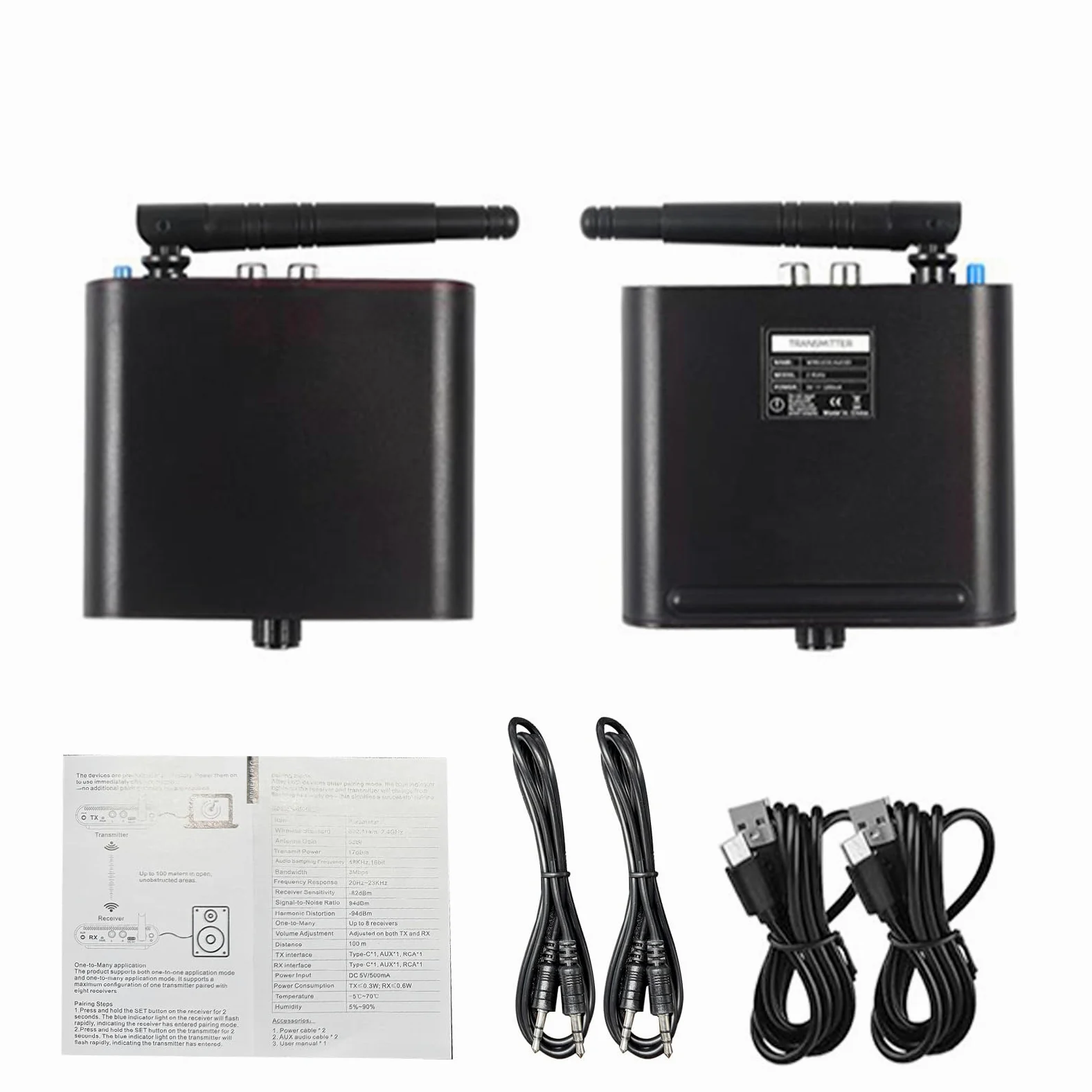 Trasmettitore Wireless, Stereo Hi-Fi a 24 Bit/192 KHz, Trasmettitore a Bassa Latenza <15 Ms con Portata di 100 M, Ideale per l'home Theater e il Suono da Studio