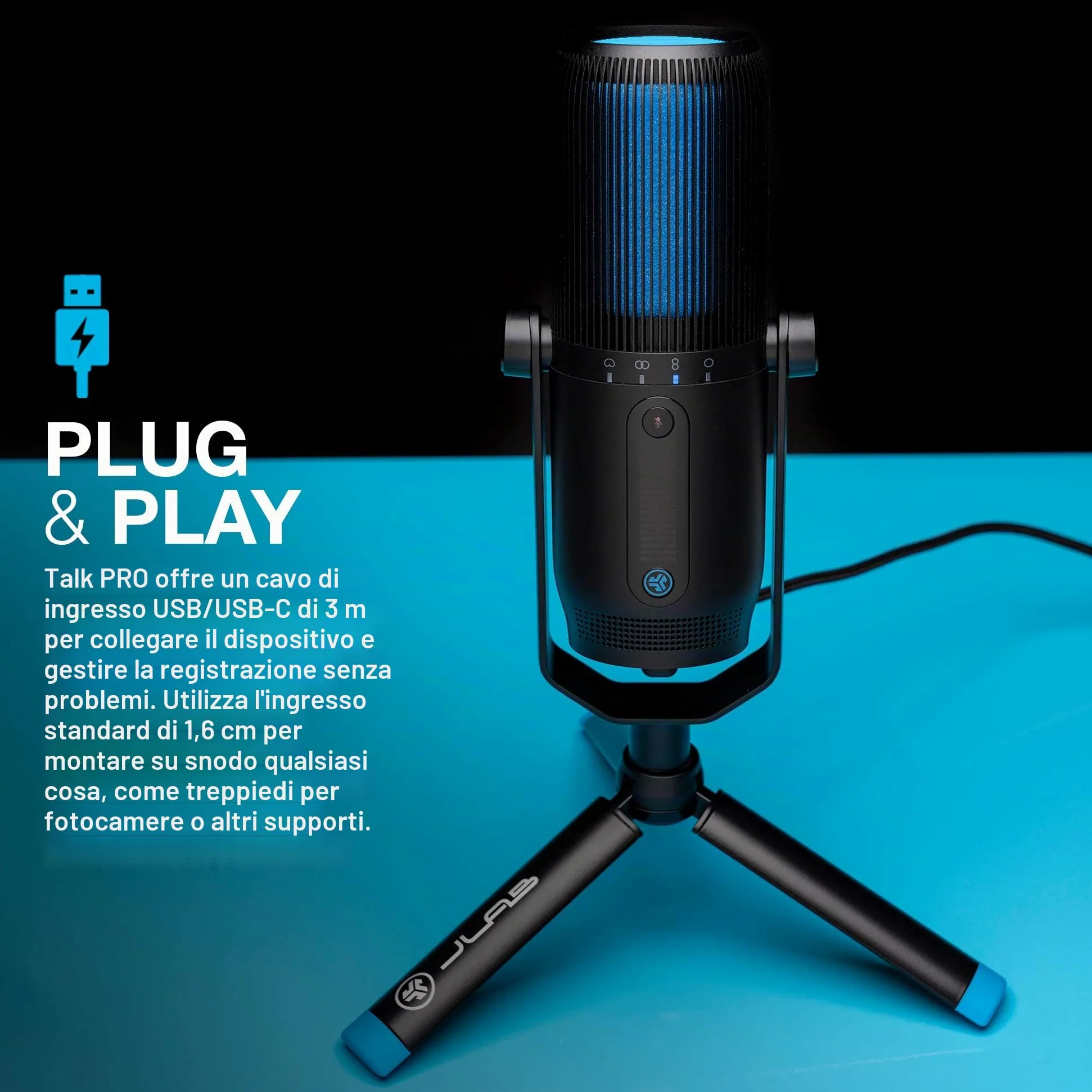 JLab Audio Talk PRO Microfono USB Plug and Play, Microfono per PC Portatile con Controllo Volume e Quick Mute - Microfono a Condensatore Professionale per Streaming, Podcasting e Gaming