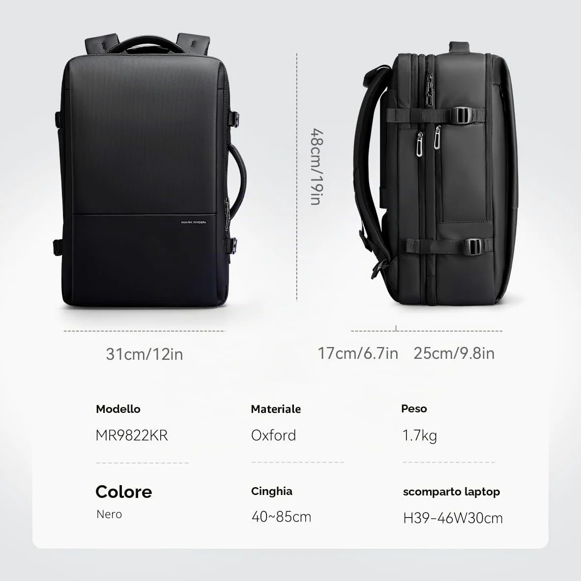 MARK RYDEN 30-45L Zaino da viaggio per affari, borsa a tracolla espandibile, zaino multifunzionale per l'umidità e l'asciutto, borsa per computer da 17,3", borsa a mano