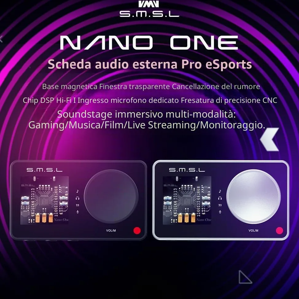 SMSL Nano one, scheda audio esterna da gioco, ingresso microfono/USB, uscita cuffie da 3,5 mm, musica/gioco/virtuale/potenziamento vocale si collega a telefoni/tablet/computer (Nero)