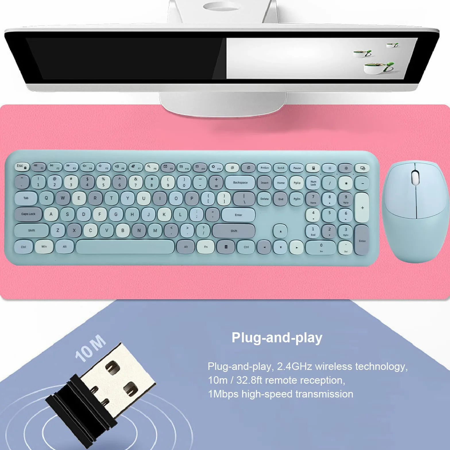 Combinazione Mouse e Tastiera Wireless, Tastiera per Macchina da Scrivere con Tasti Tondi Colorati, Tastiera Kawaii USB 2.4G Compatibile con laptop/computer(blu)