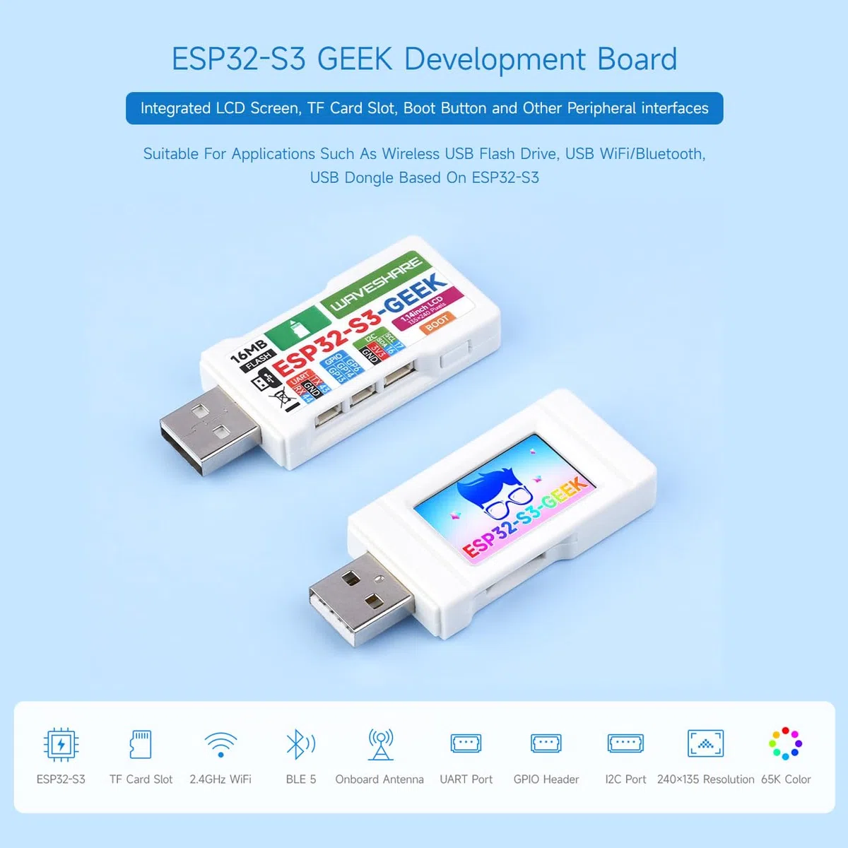 Waveshare ESP32-GEEK Development Board, Based On ESP32-S3R2 Controller Chip, with 1.14inch 65K Color LCD, Supports WiFi & Bluetooth LE, USB-A Male Port, with White Plastic Case