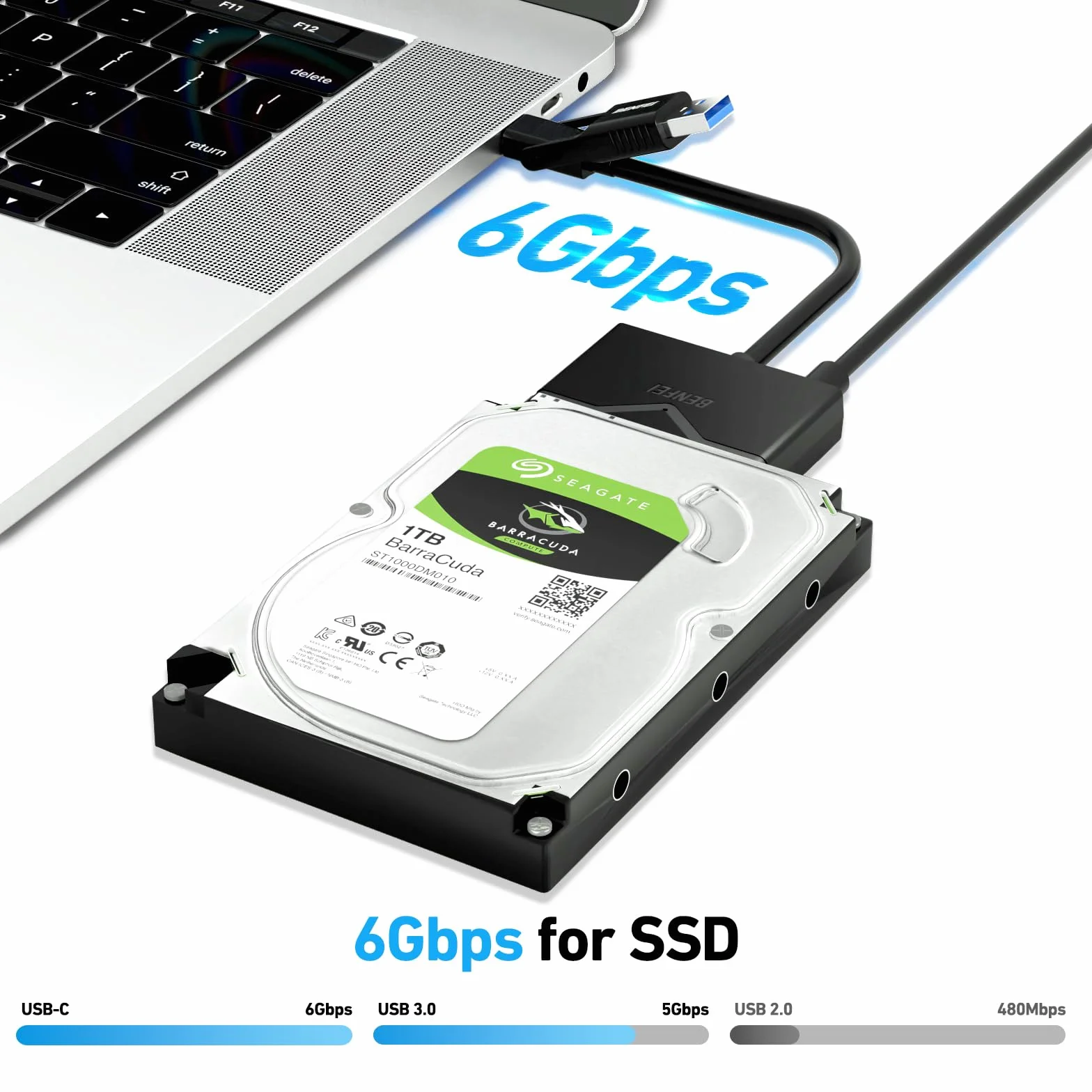 BENFEI Adattatore da USB 3.0 a SATA per HDD/SSD da 2,5"/3,5", 2-in-1 USB C/USB 3.0 a SATA III con adattatore di alimentazione 12V/2A
