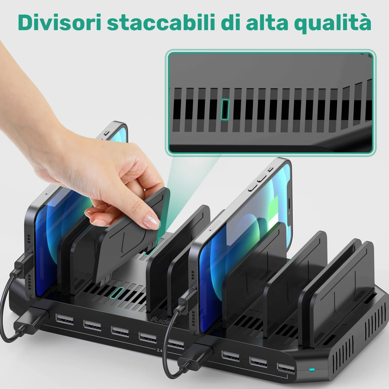 SUIDEK Stazione Di Ricarica Multipla A 10 Porte, Caricatore USB Da 60 W Per Più Dispositivi Con Divisori Regolabili, Compatibile Con Tablet, Smartphone