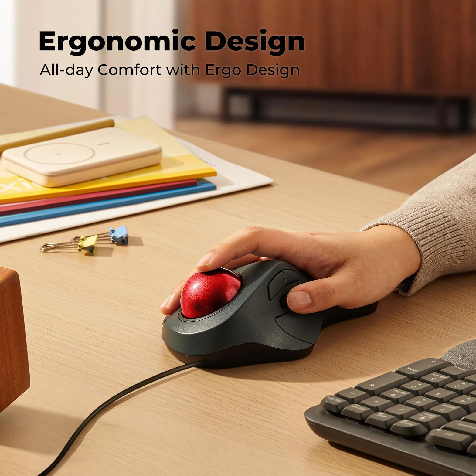 Mouse trackball cablato, facile controllo delle dita indice, design ergonomico e confortevole, riduce l'affaticamento muscolare, precisione e tracciamento fluido, compatibile per PC, laptop,