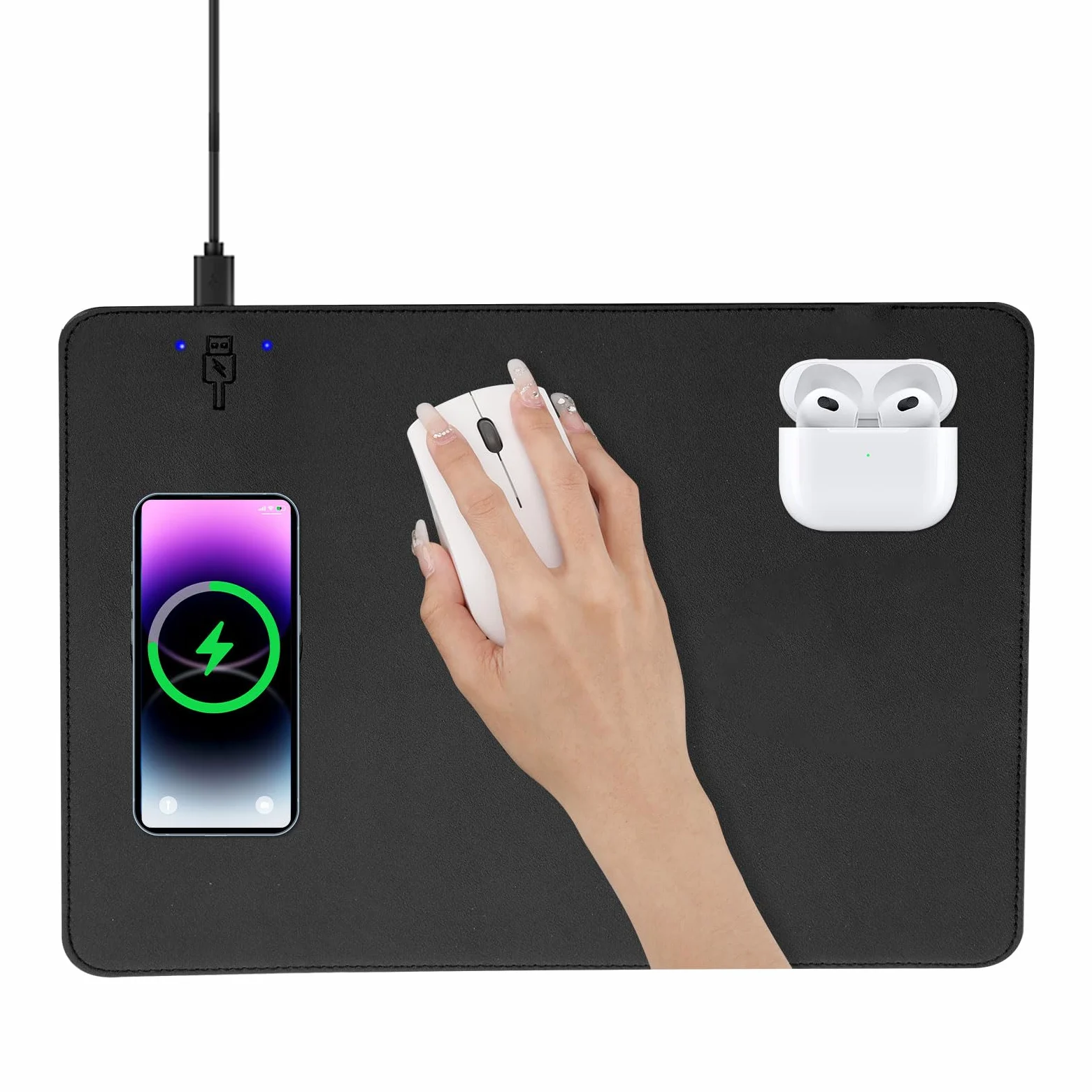 Tappetino per mouse con ricarica wireless, 2 in 1, multifunzione, in pelle, con base in gomma antiscivolo, impermeabile, per computer, ufficio, lavoro, casa, decorazione (30,5 x 25,4 cm