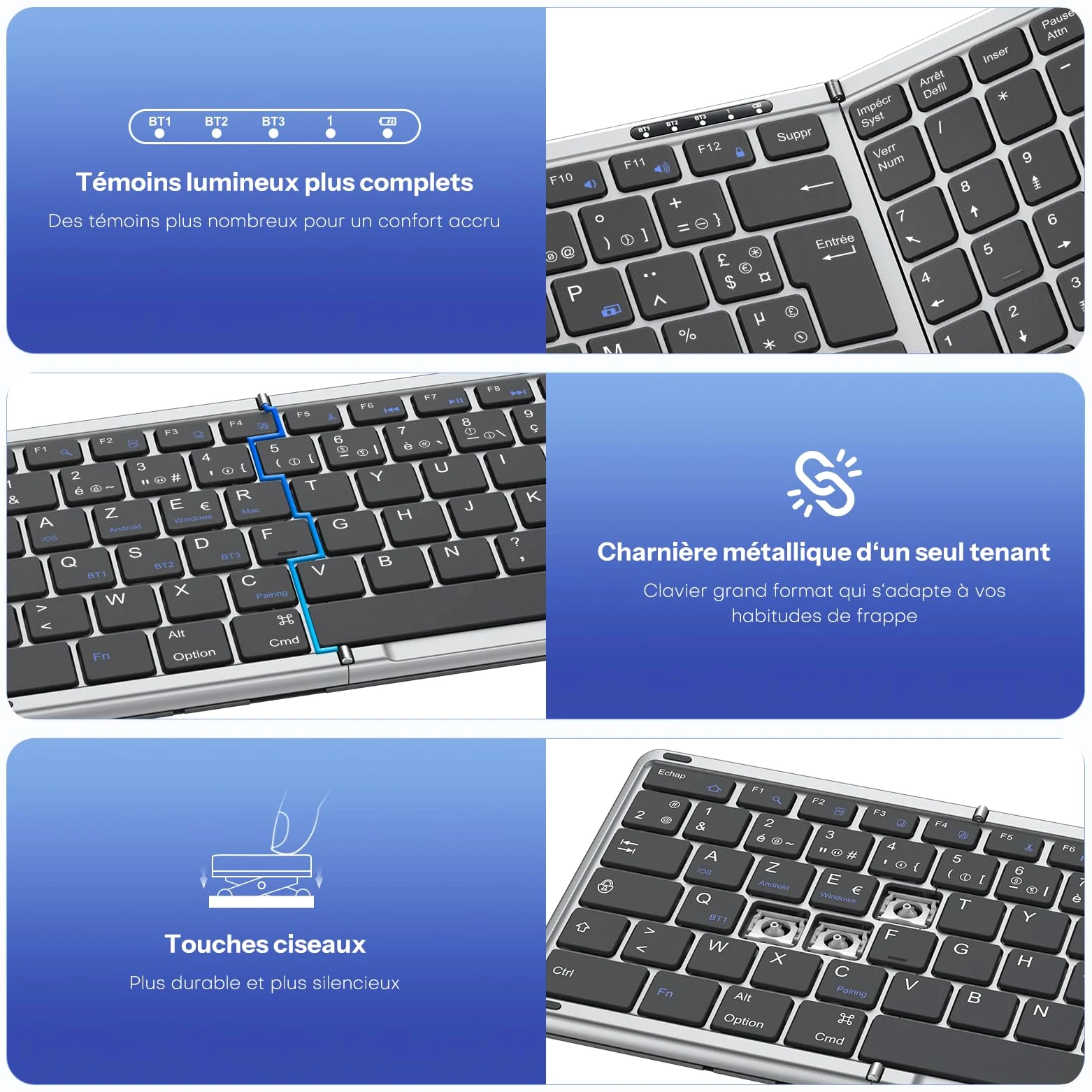 OMOTON Tastiera e mouse wireless pieghevole con tastierino numerico, tastiera bluetooth AZERTY ricaricabile, full-size portatile Keyboard per Android Windows iOS Mac iPad Tablet PC - grigio siderale
