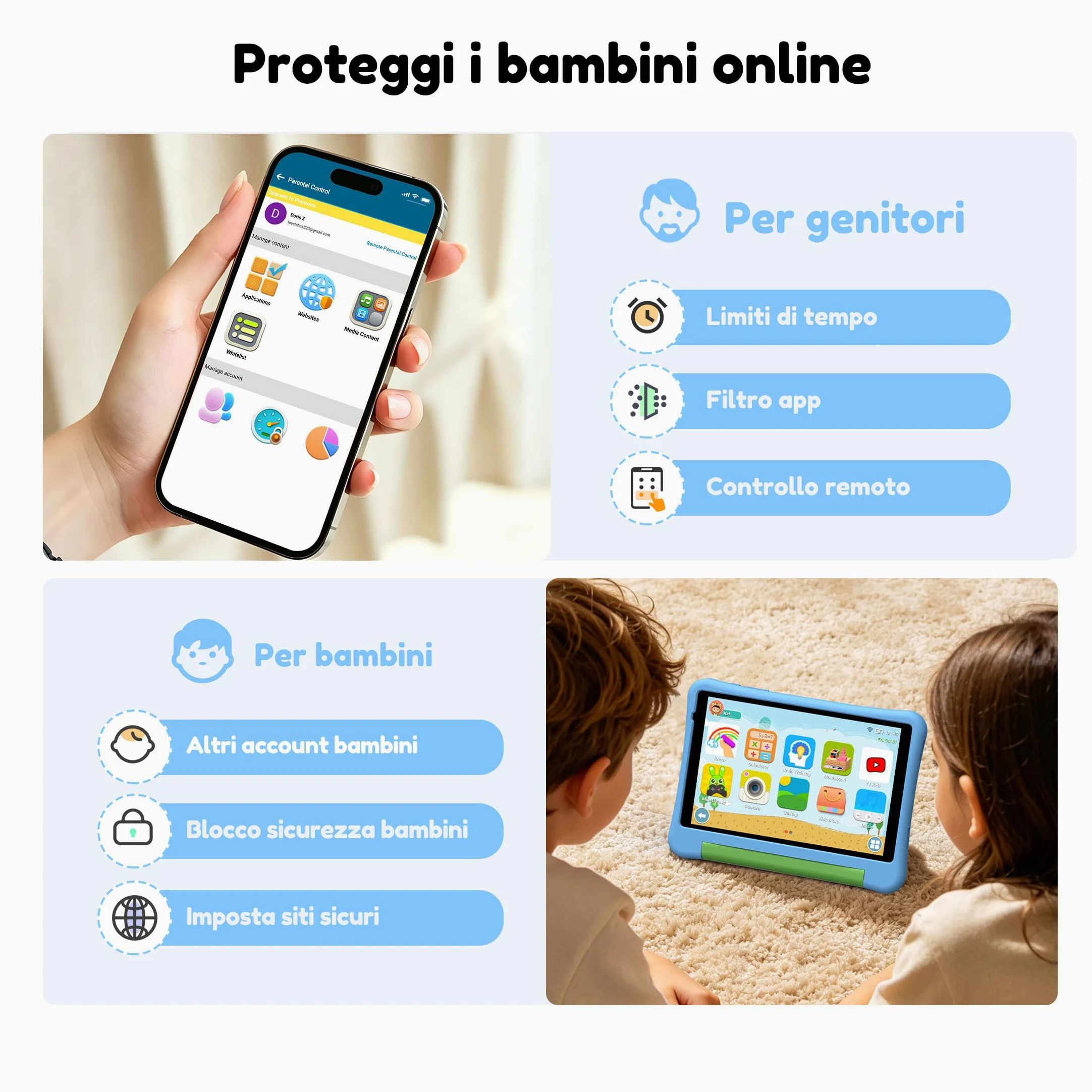 ALLDOCUBE Kido Tablet Per Bambini 8 Pollici, Android 15 Go, 32GB ROM, Blu | Controllo Parentale, iWaWa preinstallato, 512GB TF, Unisoc T310, 5000mAh, 2 Altoparlanti, Jack 3,5mm, Cover Anticaduta