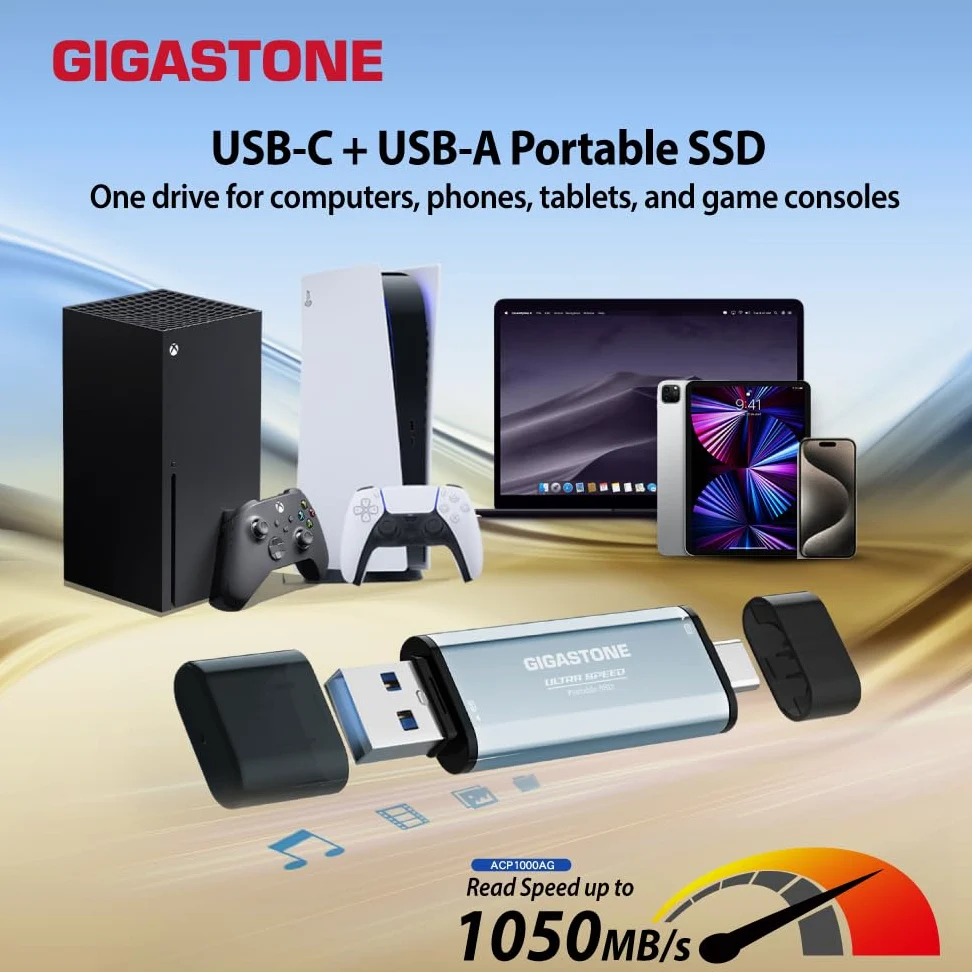 Gigastone SSD esterno da 1 TB USB-A+C fino a 1,050 MB/s per PS5 iPhone16 4K 60fps ProRes USB 3.2 Gen2 Hard disk SSD portatile per MacBook iPad PlayStation Xbox Duo Go