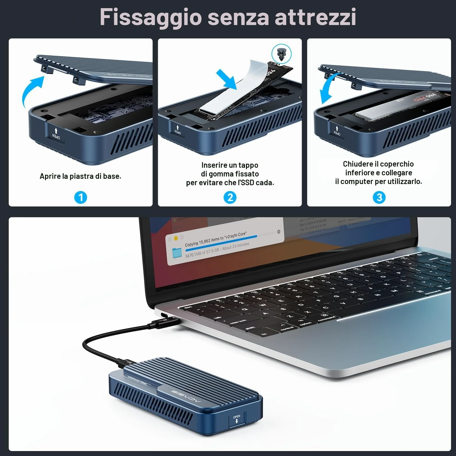 ACASIS Case SSD M.2 NVMe da 80 Gbps, compatibile con Thunderbolt 4/5 V2.0, retrocompatibile con thunderbolt 5/4V1.0, USB3.2/3.1/3.0 con ventola di raffreddamento