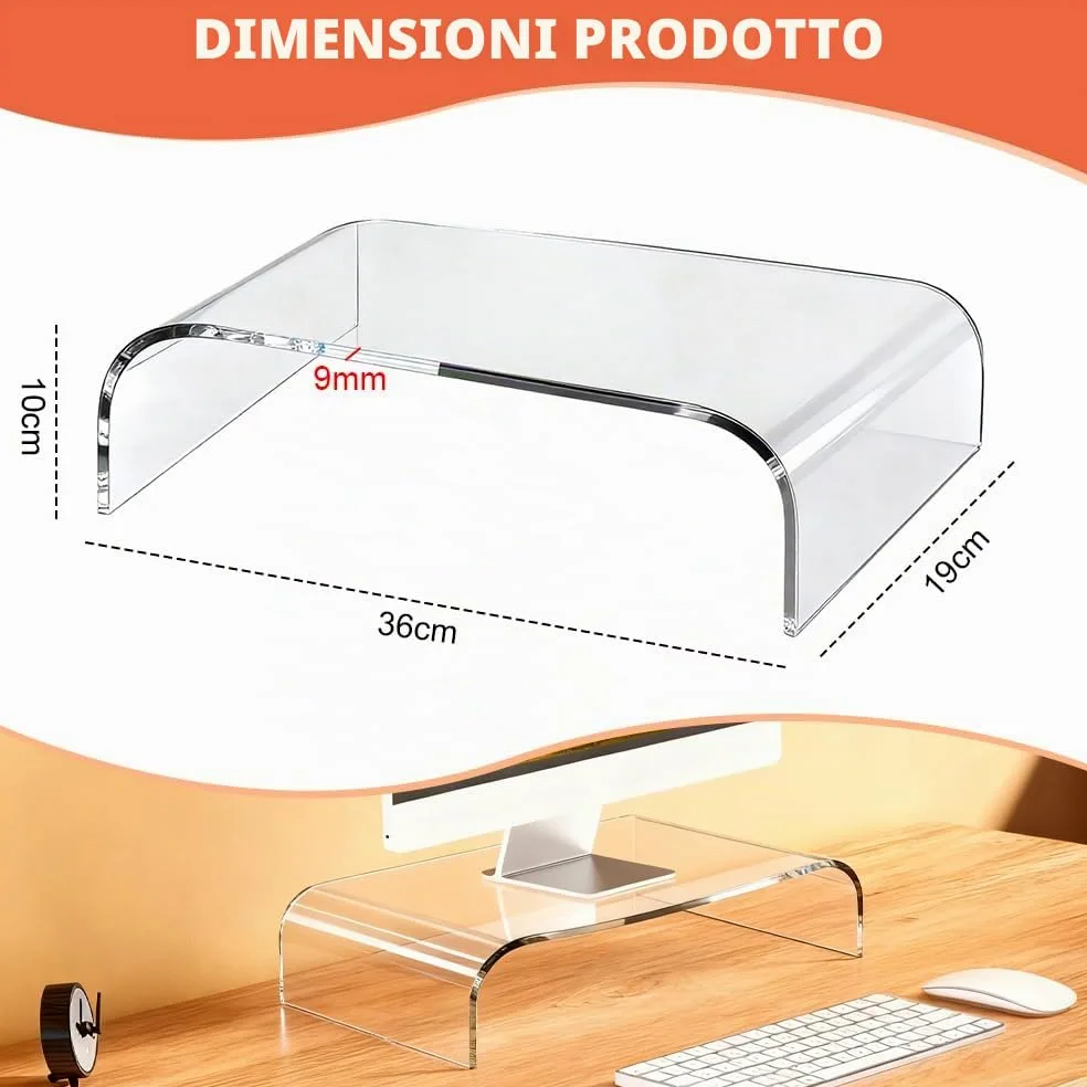 Supporto per Monitor in Acrilico,Rialzo Monitor Trasparente da Scrivania L36xW19xH10cm,Porta Monitor da Scrivania per Laptop, Schermi, Computer, Notebook, PC