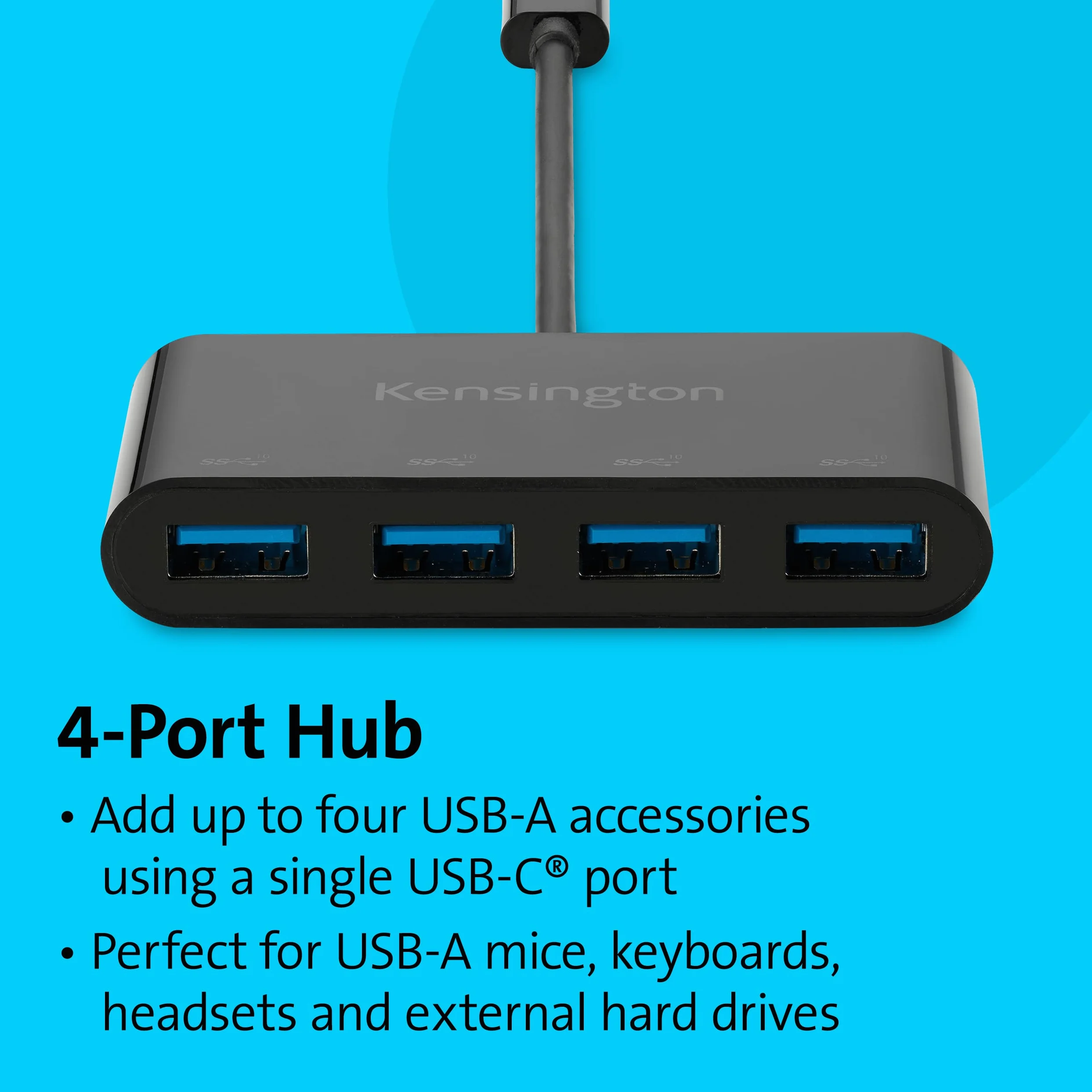 Kensington CH1200 Hub Splitter USB-C da 10 Gbps a 4 porte ad Alta Velocità per Collegare fino a 4 Accessori USB-A a una Porta USB-C, K33616WW