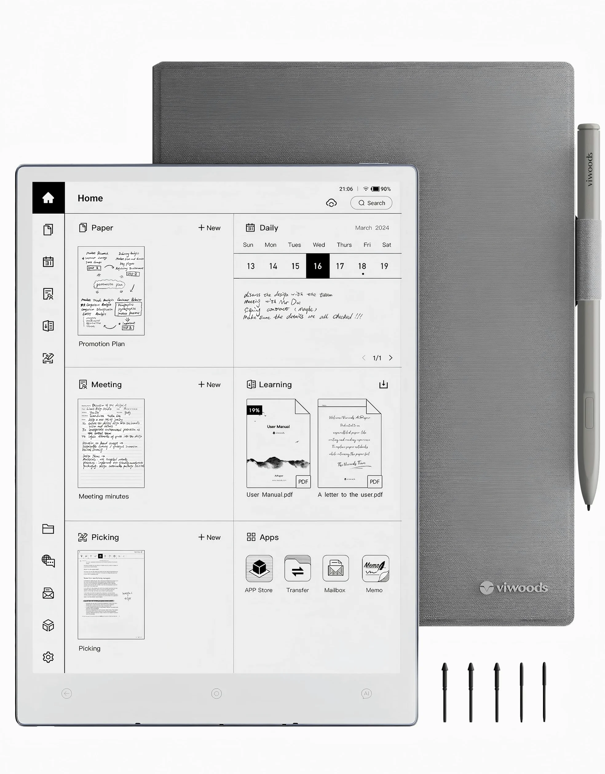 VIWOODS Bundle Aggiornato con AiPaper, Stylus Pro e 5 Punte, Carta 1300 AI E Ink Tablet, 10,65'' 300PPI Taccuino Elettronico con Penna, Ultra-Sottile 4,5mm, Leggero 370g, Dispositivo per Note da 128GB