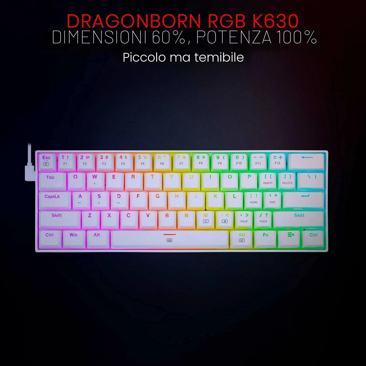 Redragon - K630 Dragonborn Bianca, Tastiera meccanica gaming 60%, compatta, 61 tasti, tastiera gamer TKL per giochi, tasti marroni, illuminazione RGB