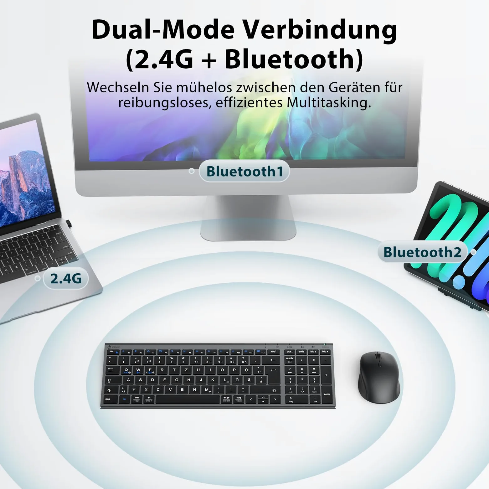 iClever Tastiera Bluetooth con mouse, set di mouse senza fili, doppia modalità ricaricabile (Bluetooth 5.0 + 2.4 G), tastiera wireless, per PC/laptop, layout QWERTZ, grigio