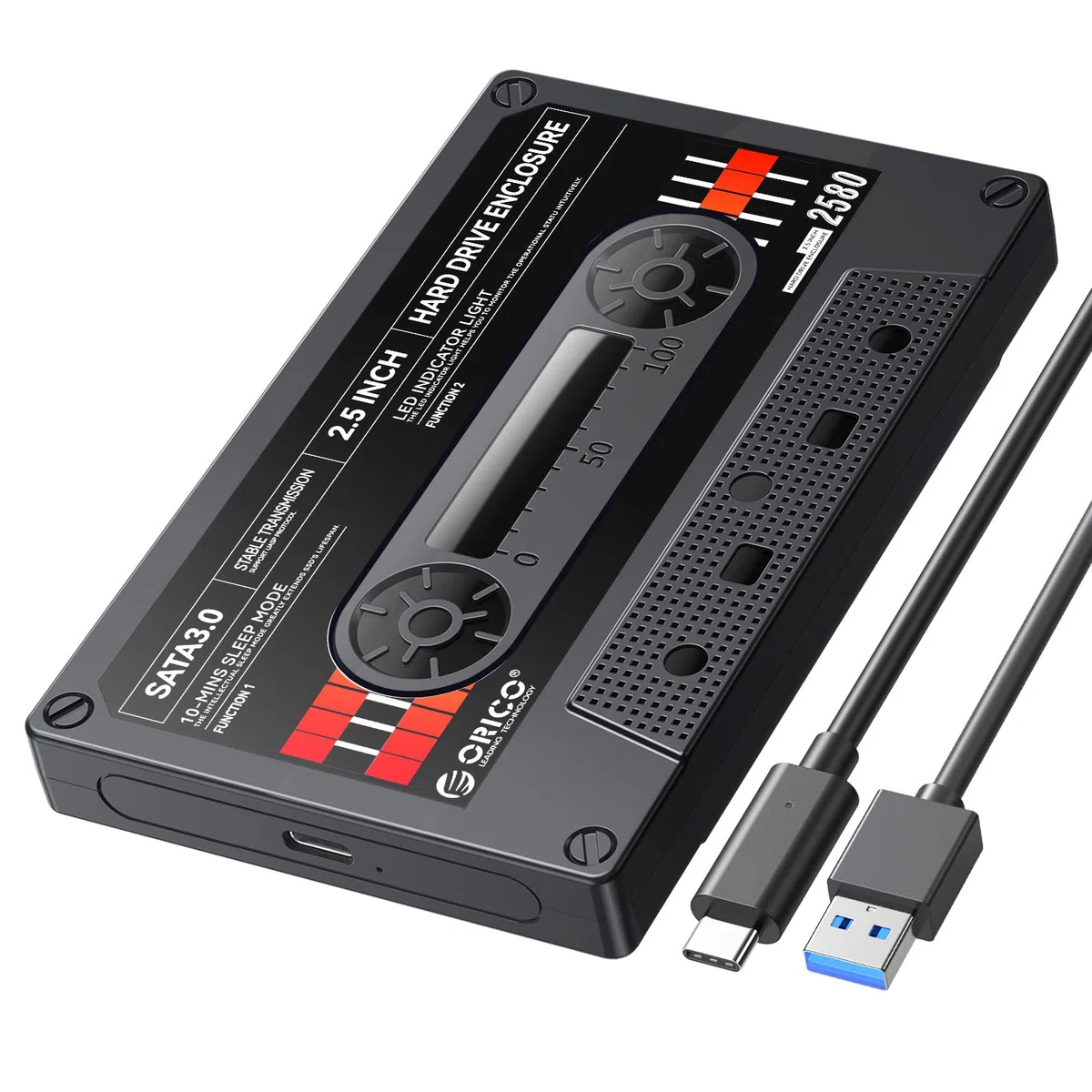 ORICO [Retrò Nastro] Case Hard Disk 2.5 Pollici USB 3.1 Tipo-C a SATA con UASP Custodia Disco Rigido Esterno per 7mm e 9,5 mm HDD SSD Max 6 TB,con Adesivi Fai da Te, Nero (2580C3-V1-BK)