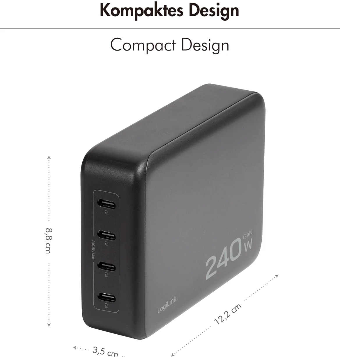 LogiLink PA0353 - Caricatore intelligente GaN (nitruro di gallio) 240 W, 4 x USB-C PD 3.1 (PowerDelivery)