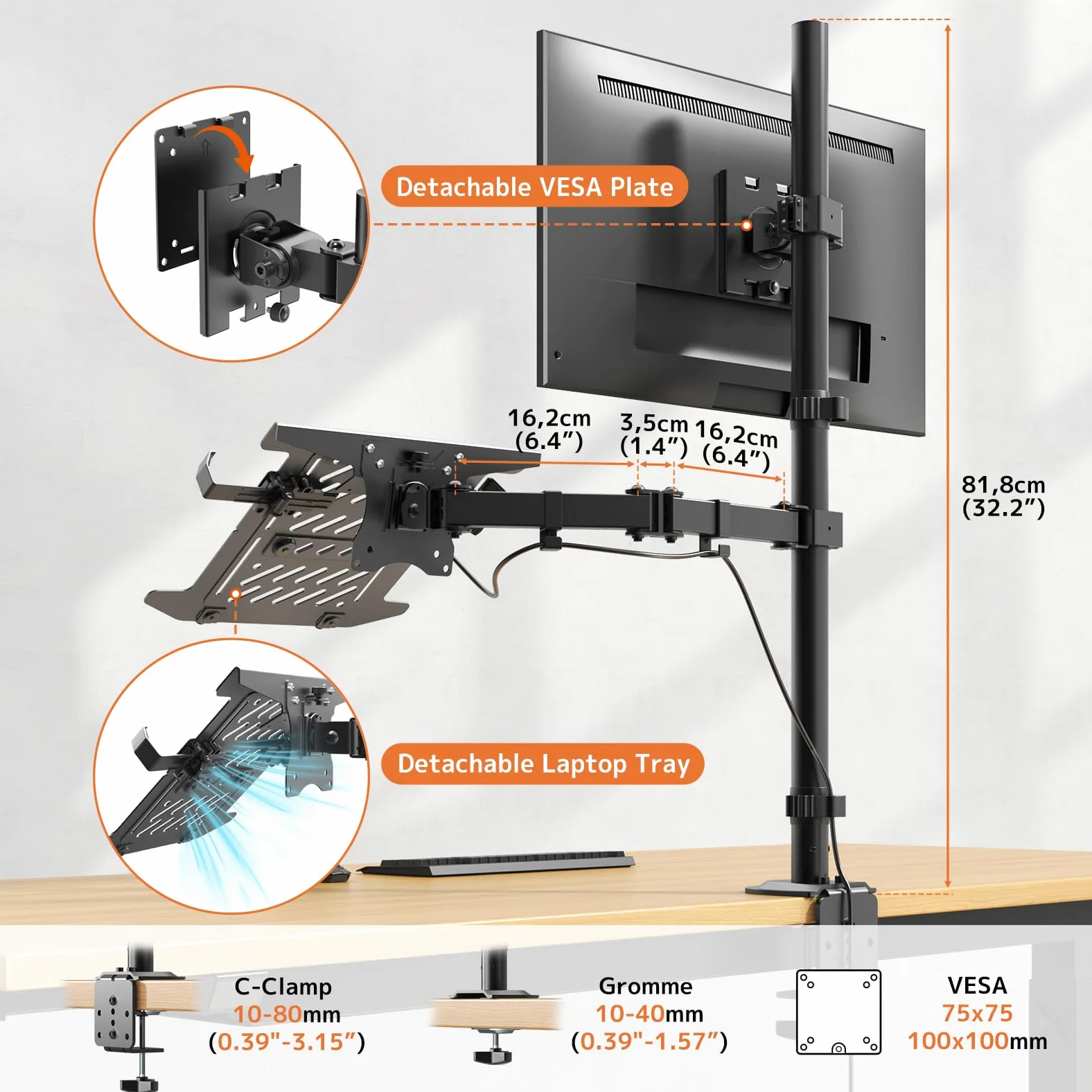 PUTORSEN Supporto per monitor con braccio per laptop per schermi da 17 a 49 pollici e notebook fino a 17 pollici, asta da 81,8 cm regolabile in altezza, braccio per monitor VESA 75/100 mm