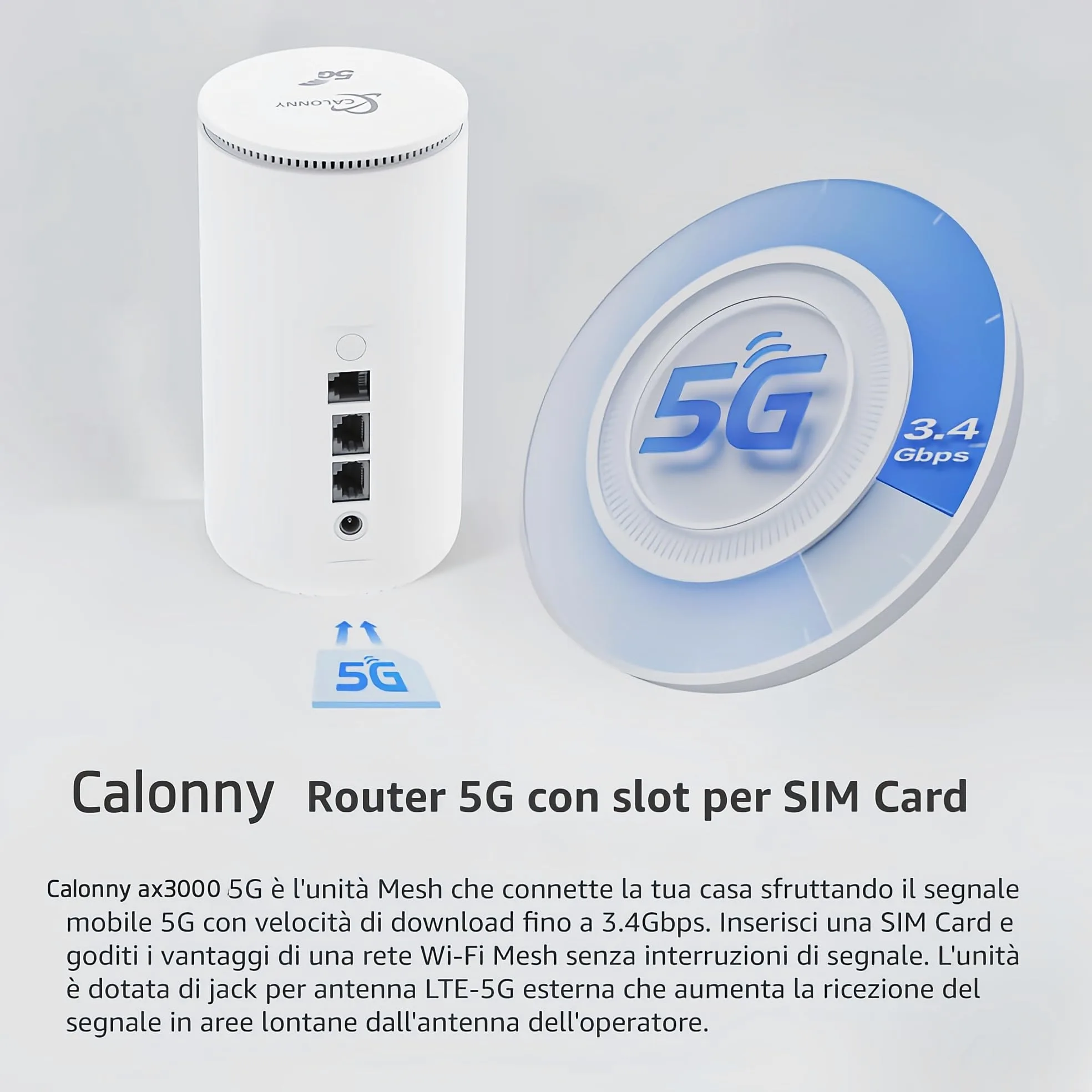 Router 5G AX3000 WIFI 6 con 3 Porte Multifunzione (RJ11/LAN/WAN) 5G NR TDD 2.6Gbp Dual Band, Modem SIM per Casa/Ufficio/Telefonia VoIP 802.11 a/b/g/n/ac/ax
