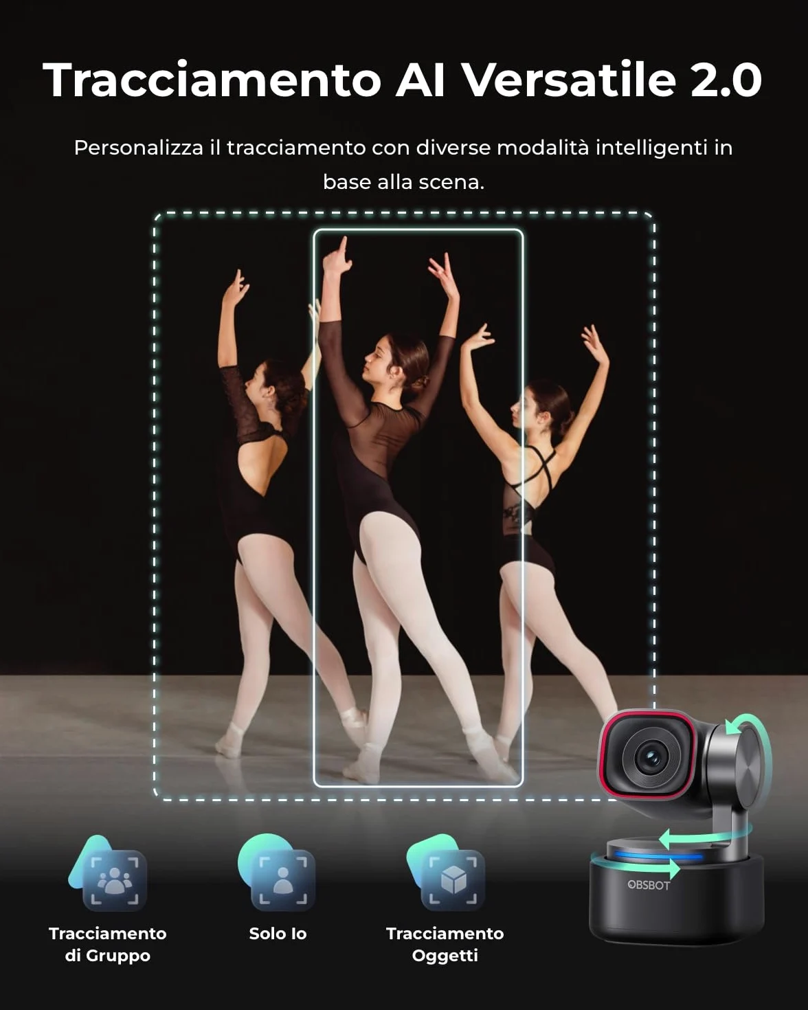 OBSBOT Tiny 3 AI-Powered Spatial Audio 4K Webcam, AI Tracking PTZ Camera con Sensore 1/1,28", Tri-Mic, Sprach- & Gestensteuerung, 120FPS, HDR, Web cam per PC, Laptop, Streaming e Meeting, Switch 2