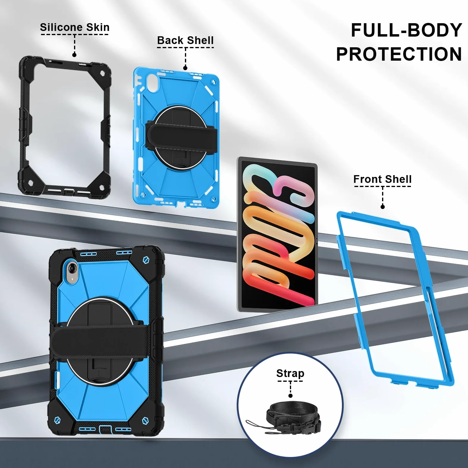 Custodia per Lenovo Tab idea Pro Gen 2 (TB390) 2026, custodia protettiva antiurto resistente con supporto rotante, portapenne, cinghia da polso e tracolla, guscio multifunzione (nero blu)