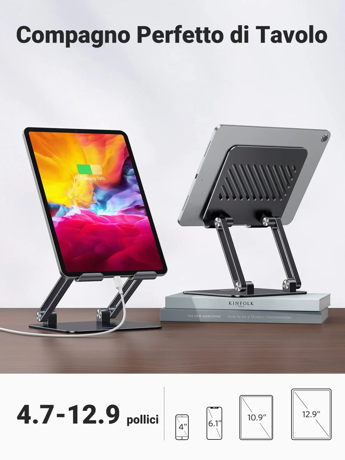 UGREEN Supporto per Tablet da 4,7" a 12,9" Universale, Porta Cellulare da Tavolo Regolabile Pieghevole per iPad 2022, MatePad, Galaxy Tab, Xiaomi Pad, iPhone 16 Plus Pro Max Nero