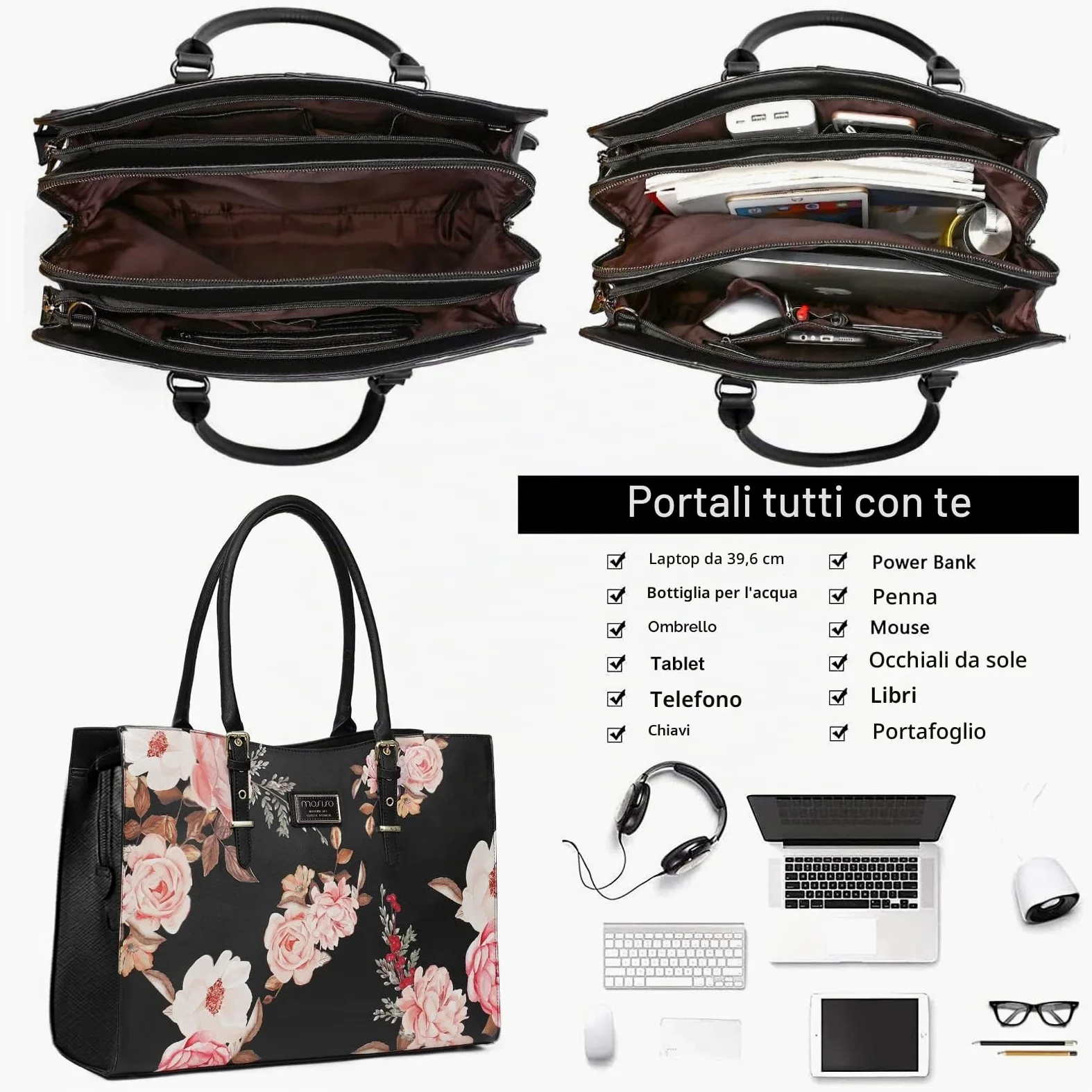 MOSISO Borsa Per Laptop Compatibile con MacBook Pro 16 2026 M5 A2485 A2141 | per M5-M1 2025-2019,Notebook 15-15,6'',Peonia Impermeabile Pu Pellelavoro Di Viaggio Valigetta Manico in Pu Regolabile,Nero
