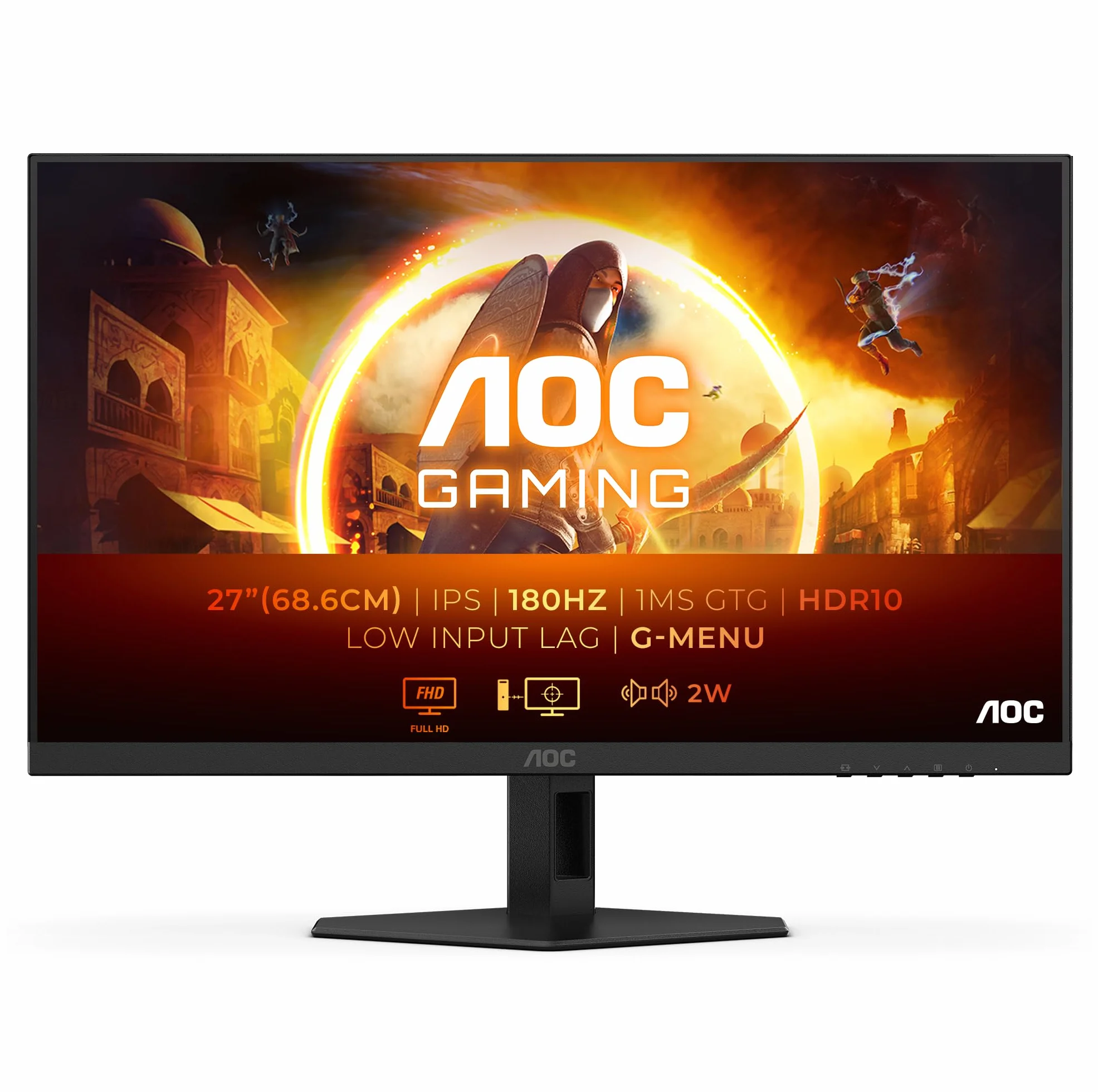 AOC Gaming Monitor 27G4XED 27 pollici 1920x1080, FHD, 180Hz, Fast IPS Panel, 1ms GtG, Speakers, (HDMI2x 2.0 DP 1x 1.4) HDR10, G-Sync Compatible, Nero